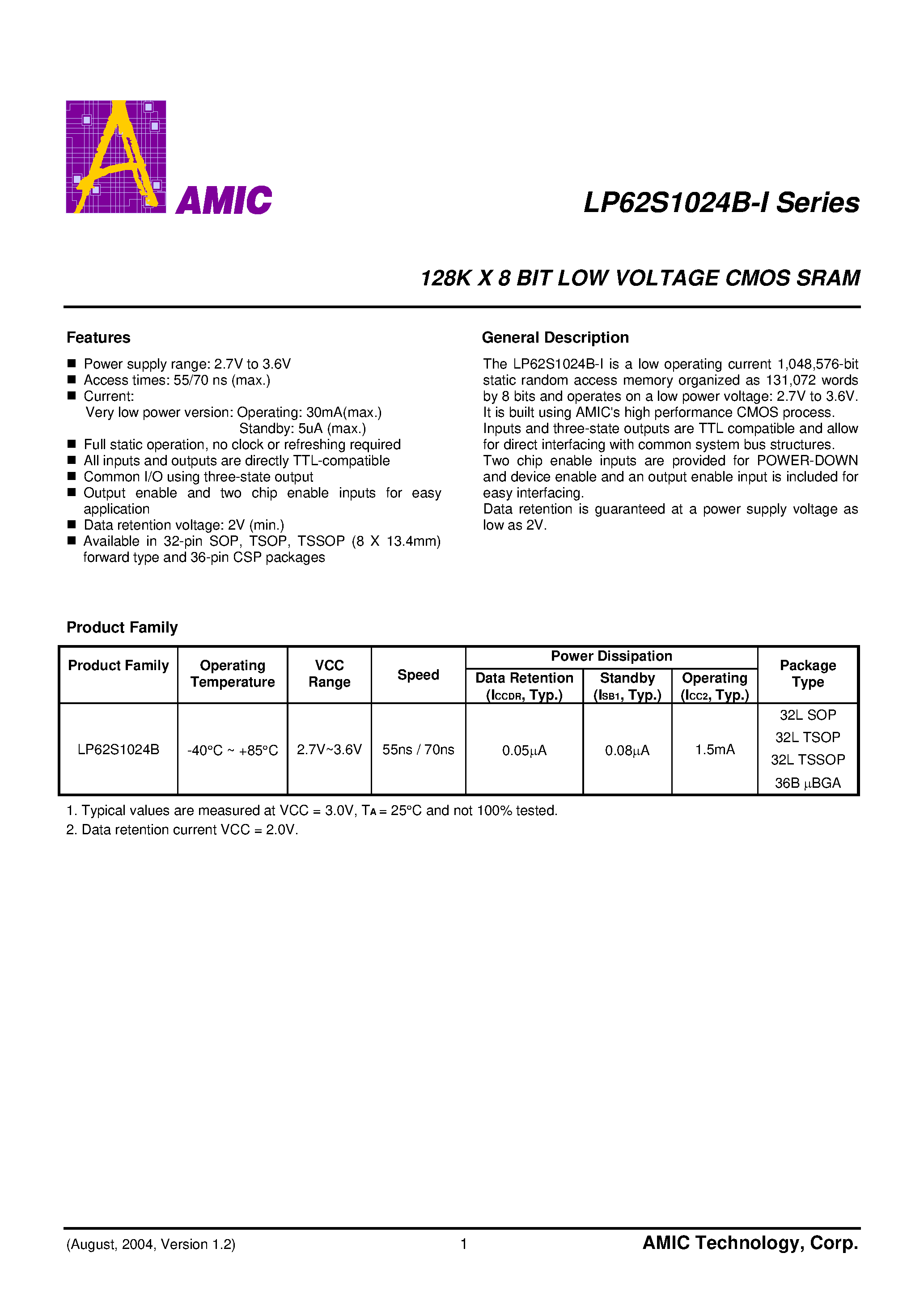 Даташит LP62S1024B-I - 128K X 8 BIT LOW VOLTAGE CMOS SRAM страница 2
