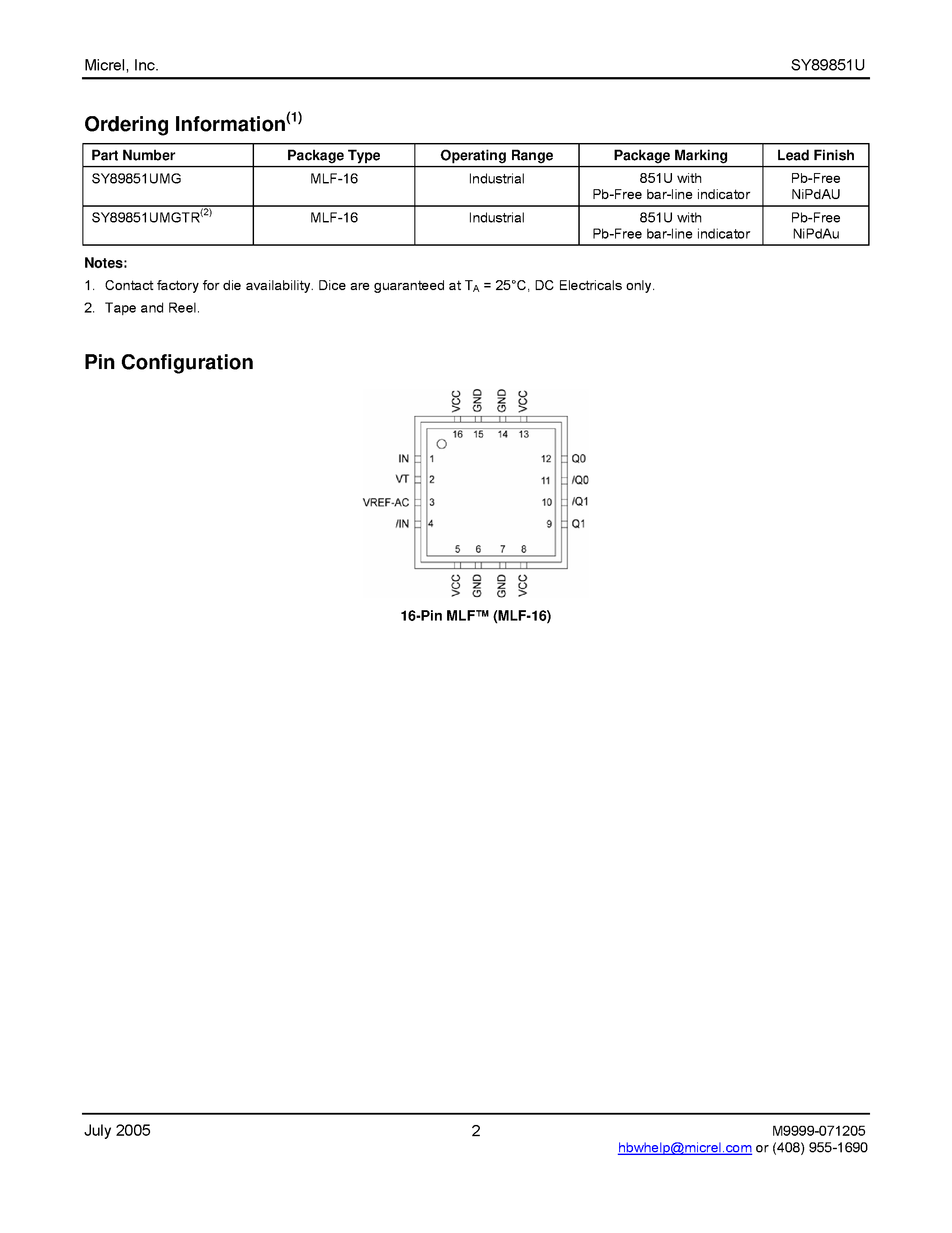 Datasheet SY89851U - 1:2 LVPECL Fanout Buffer/Translator page 2