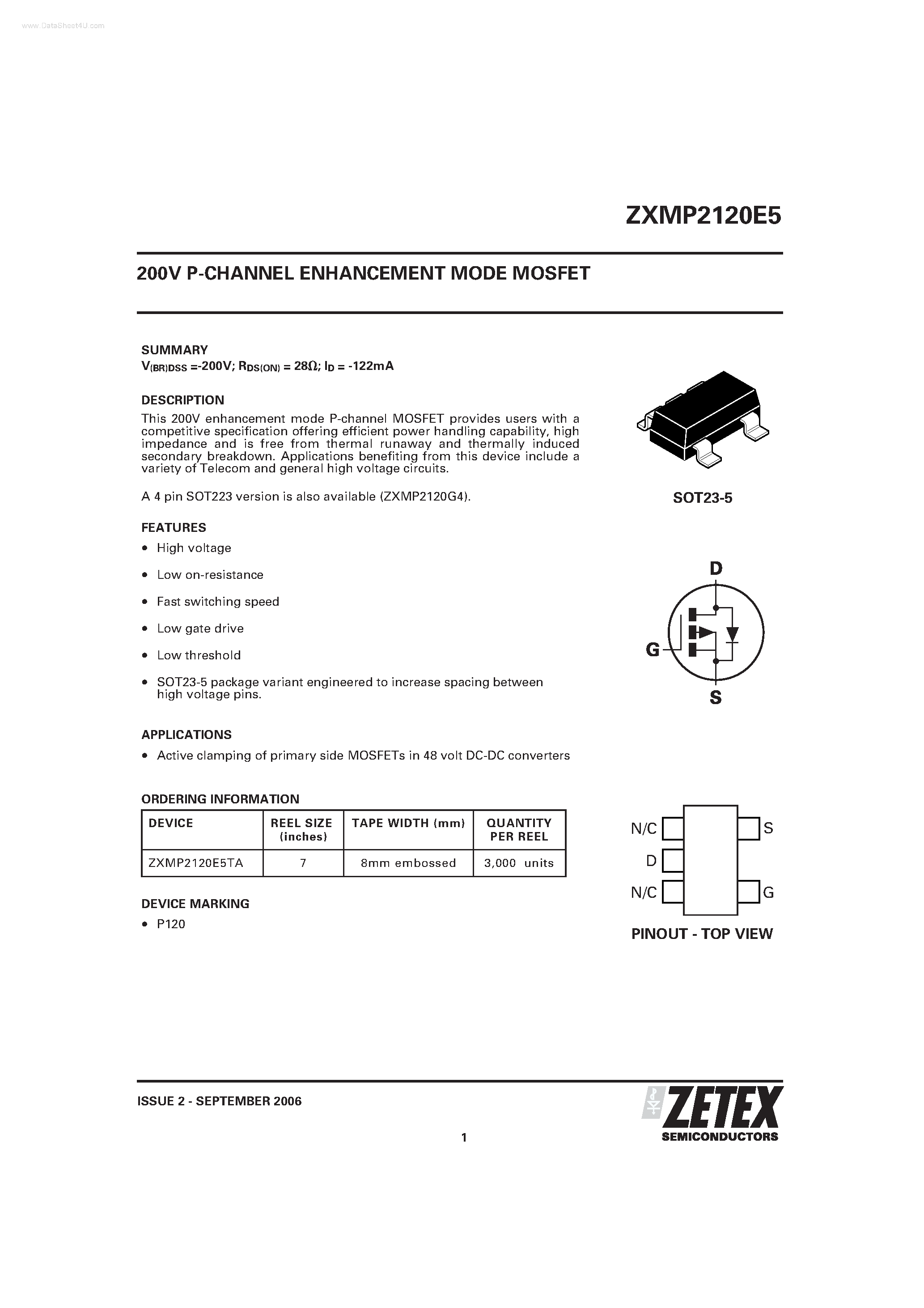 Даташит ZXMP2120E5 - 200V P-CHANNEL ENHANCEMENT MODE MOSFET страница 1
