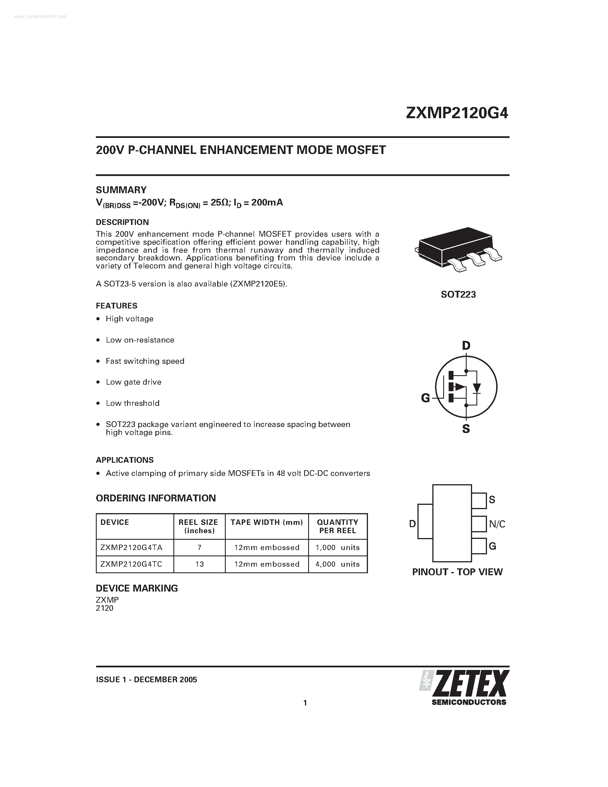 Даташит ZXMP2120G4 - 200V P-CHANNEL ENHANCEMENT MODE MOSFET страница 1
