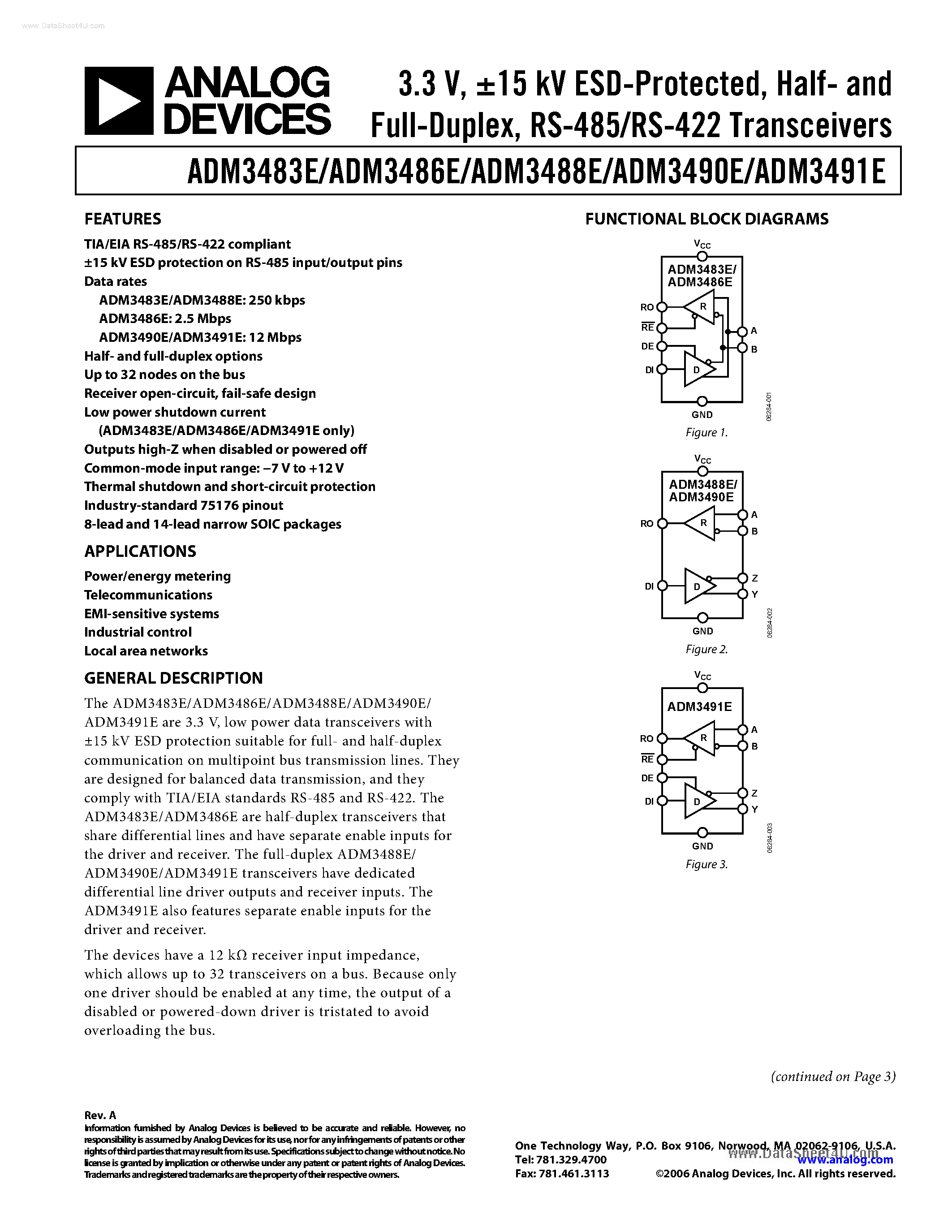 Даташит ADM3483E - (ADM3483E - ADM3491E) low power data transceivers страница 1