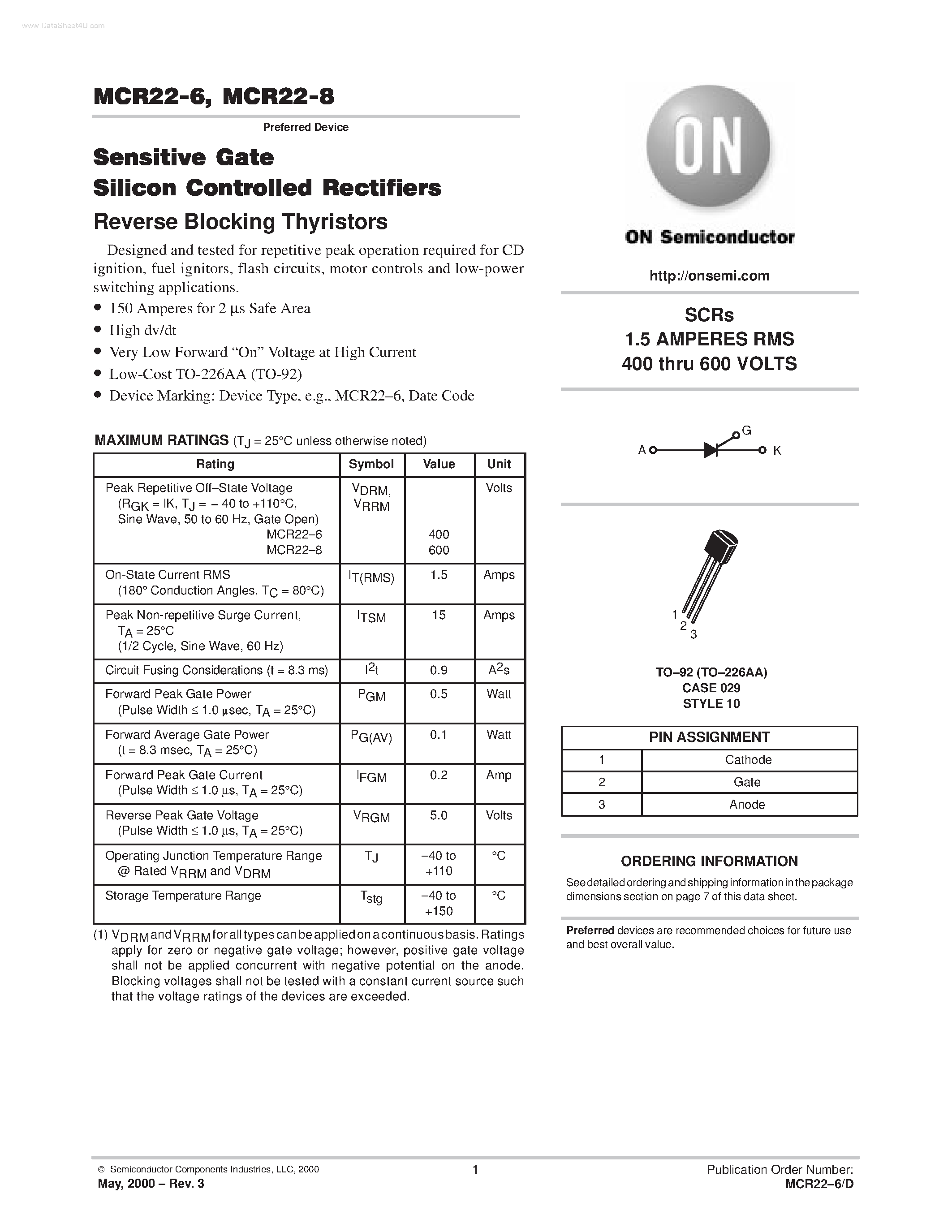 Datasheet MCR22-6 - (MCR22-6 / -8) SENSITIVE GATE SILICON CONTROLLED RECTIFIERS page 1