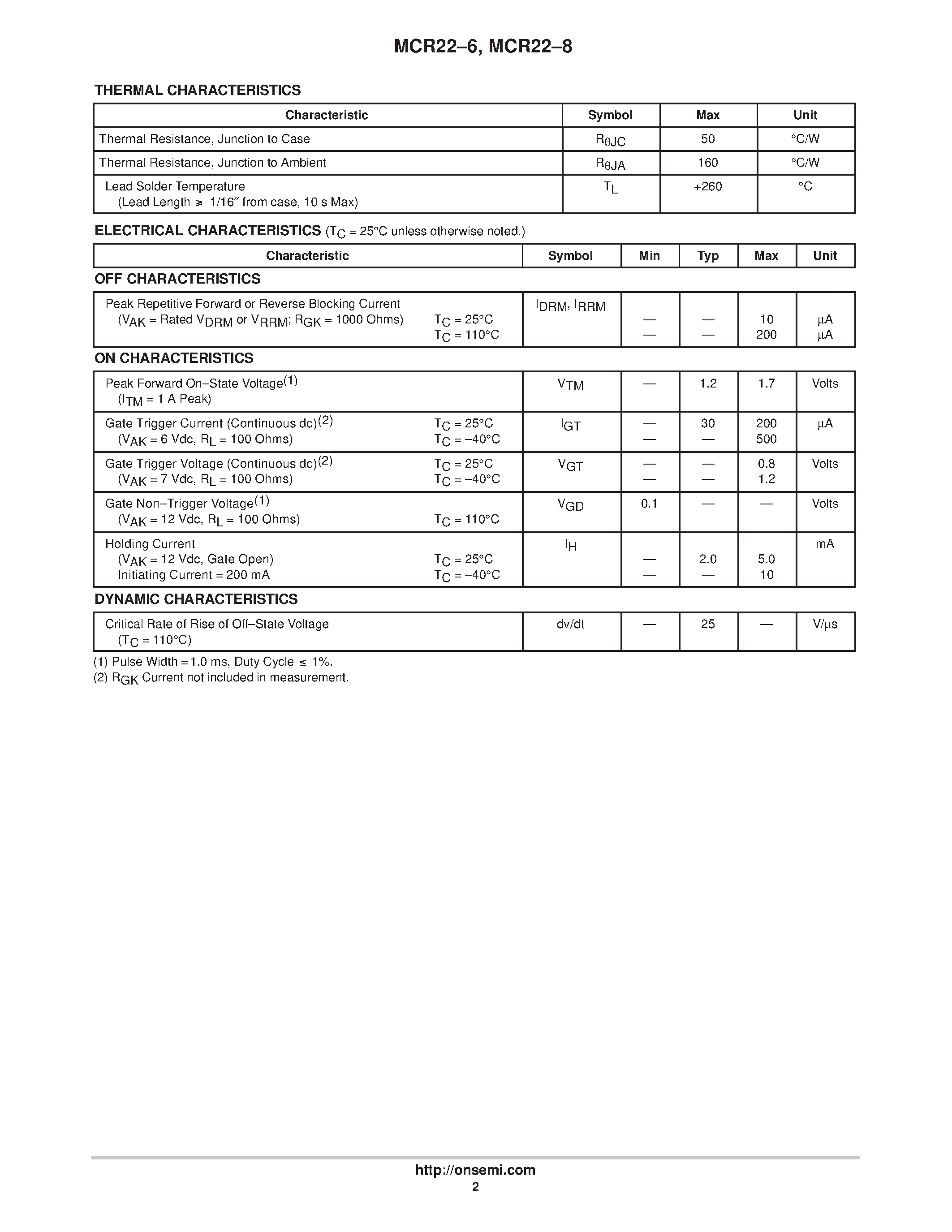 Datasheet MCR22-6 - (MCR22-6 / -8) SENSITIVE GATE SILICON CONTROLLED RECTIFIERS page 2
