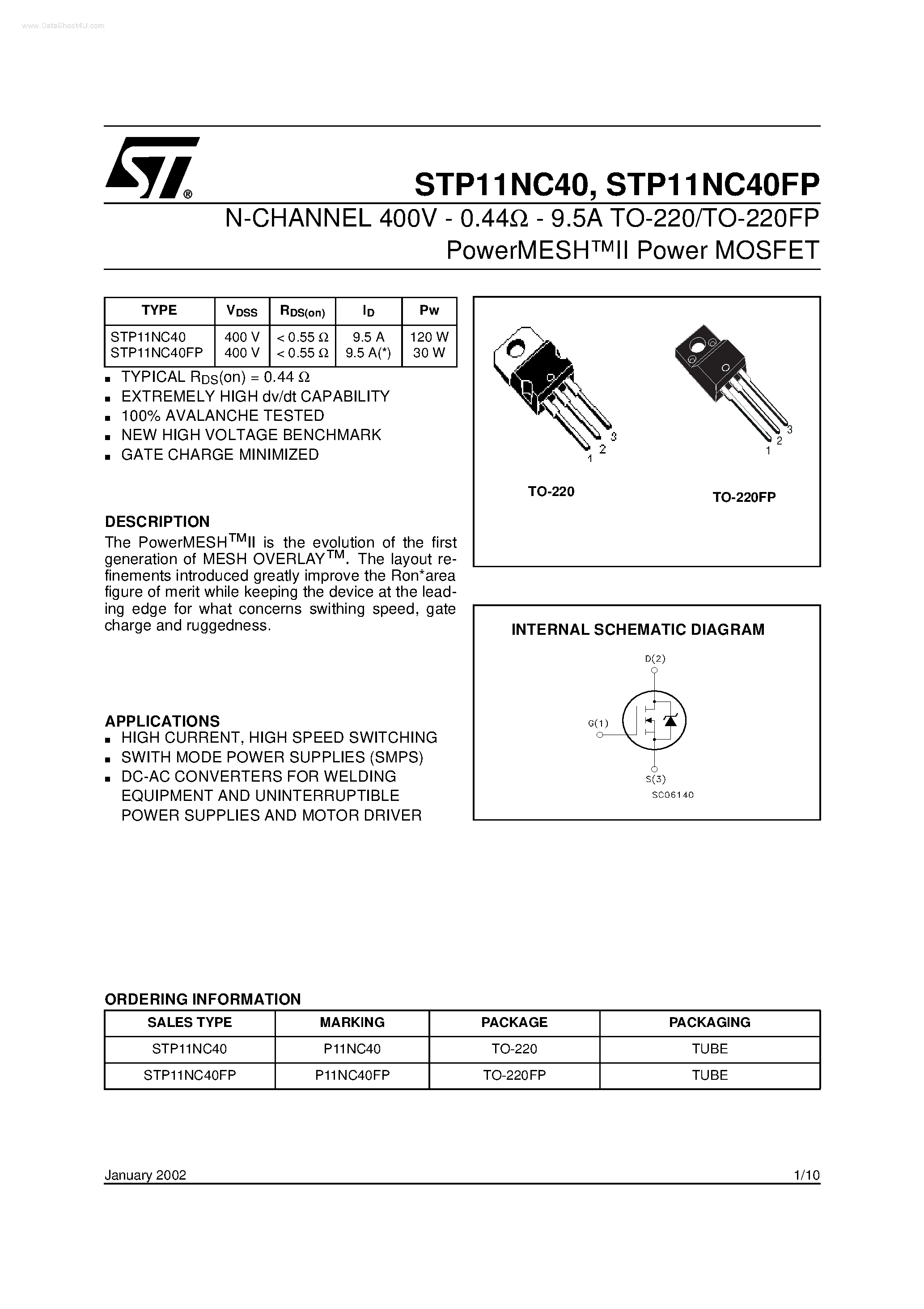 Datasheet STP11NC40 - N-CHANNEL Power MOSFET page 1
