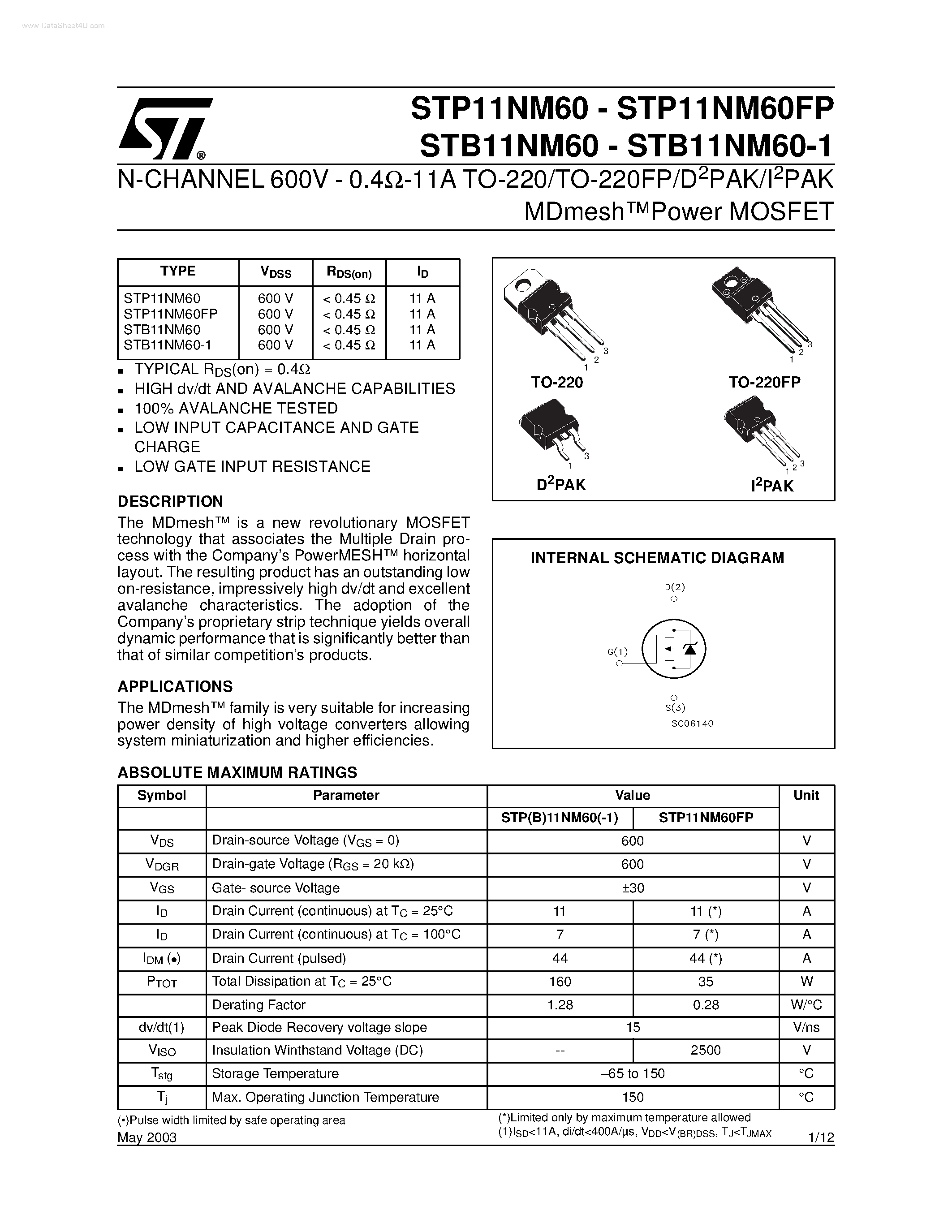 Даташит STP11NM60 - N-CHANNEL Power MOSFET страница 1