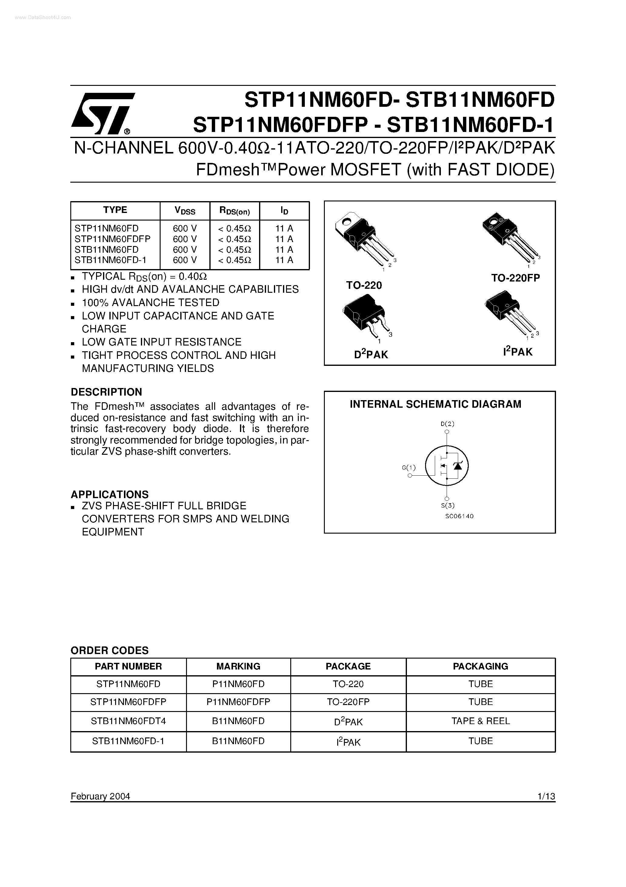 Datasheet STP11NM60FD - N-CHANNEL Power MOSFET page 1