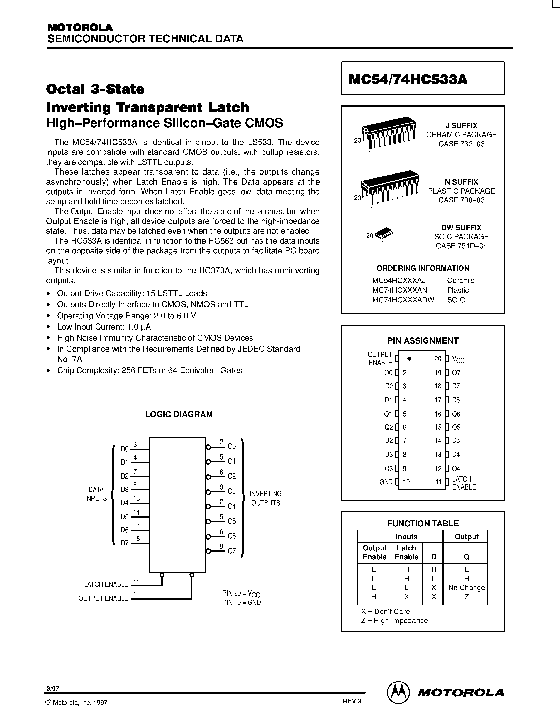 Datasheet MC54HC533A - OCTAL 3-STATE INVERTING TRANSPARENT LATCH HIGH-PERFORMANCE SILICON-GATE CMOS page 1