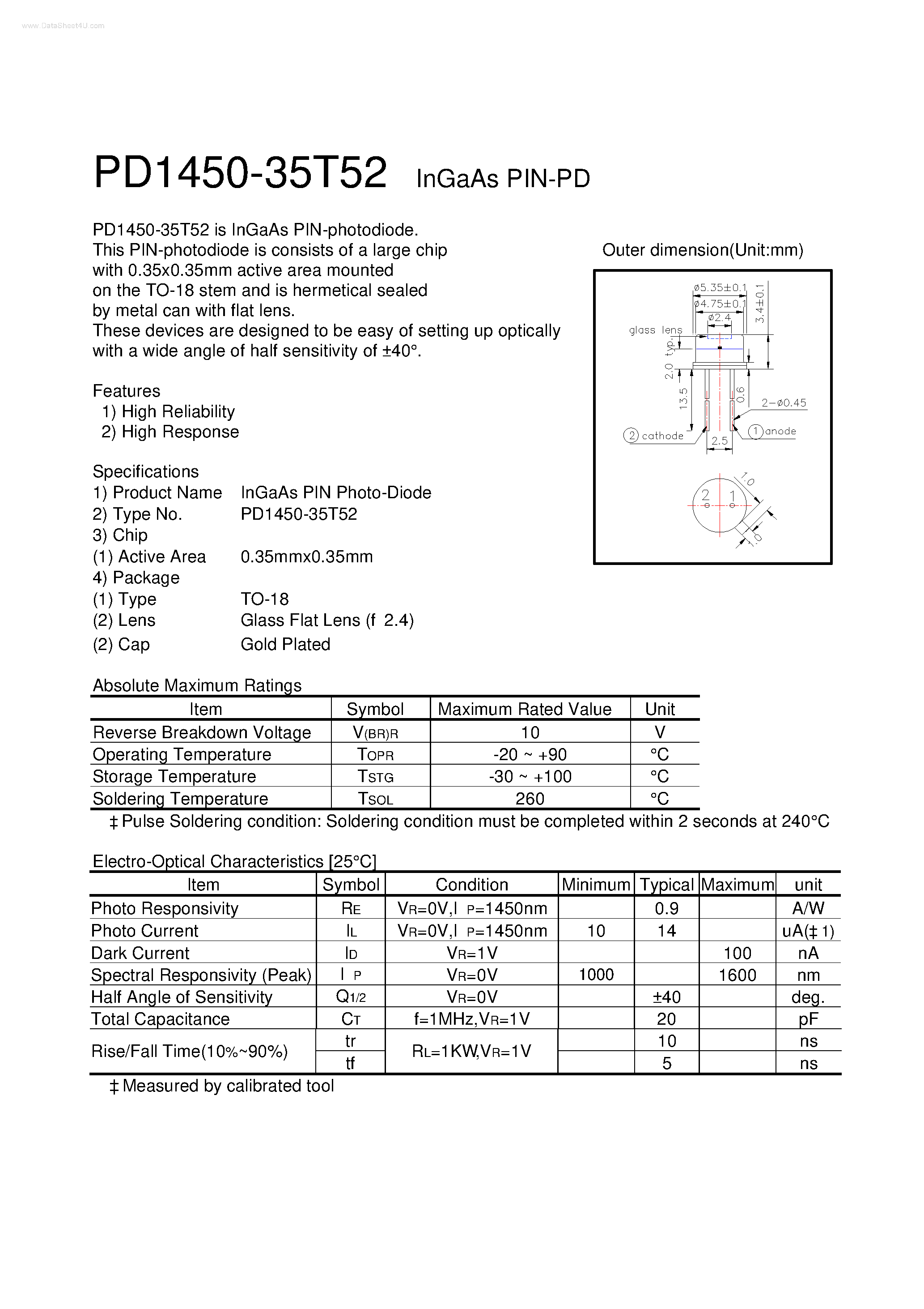 Datasheet PD1450-35T52 - InGaAs PIN-PD page 1