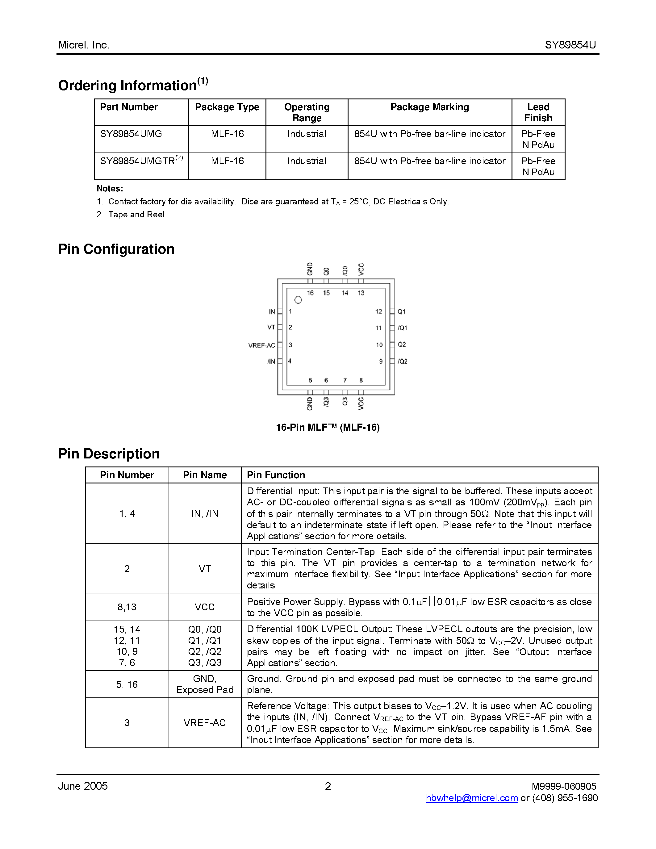 Datasheet SY89854U - 1:4 LVPECL Fanout Buffer/Translator page 2