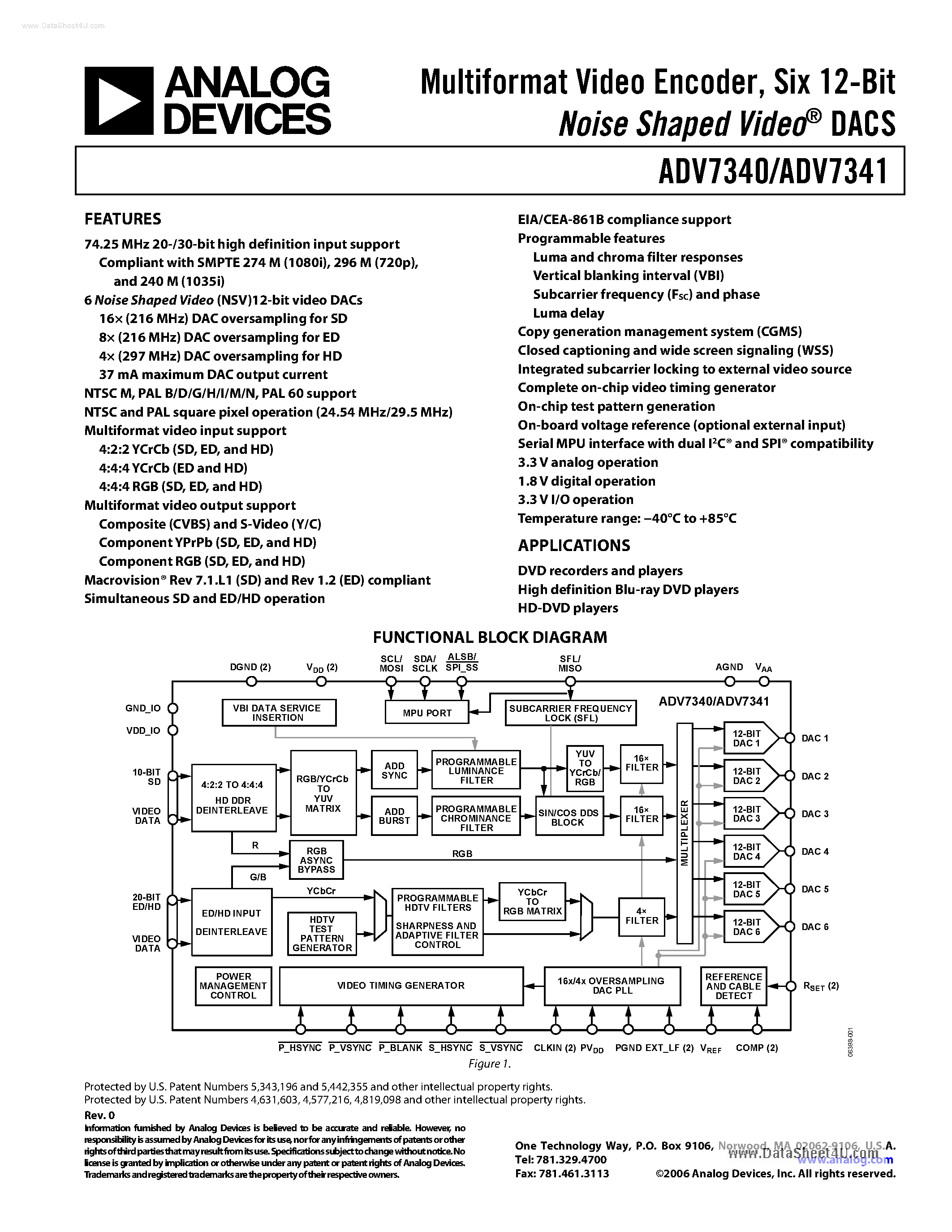 Даташит ADV7340 - (ADV7340 / ADV7341) Multiformat Video Encoder страница 1