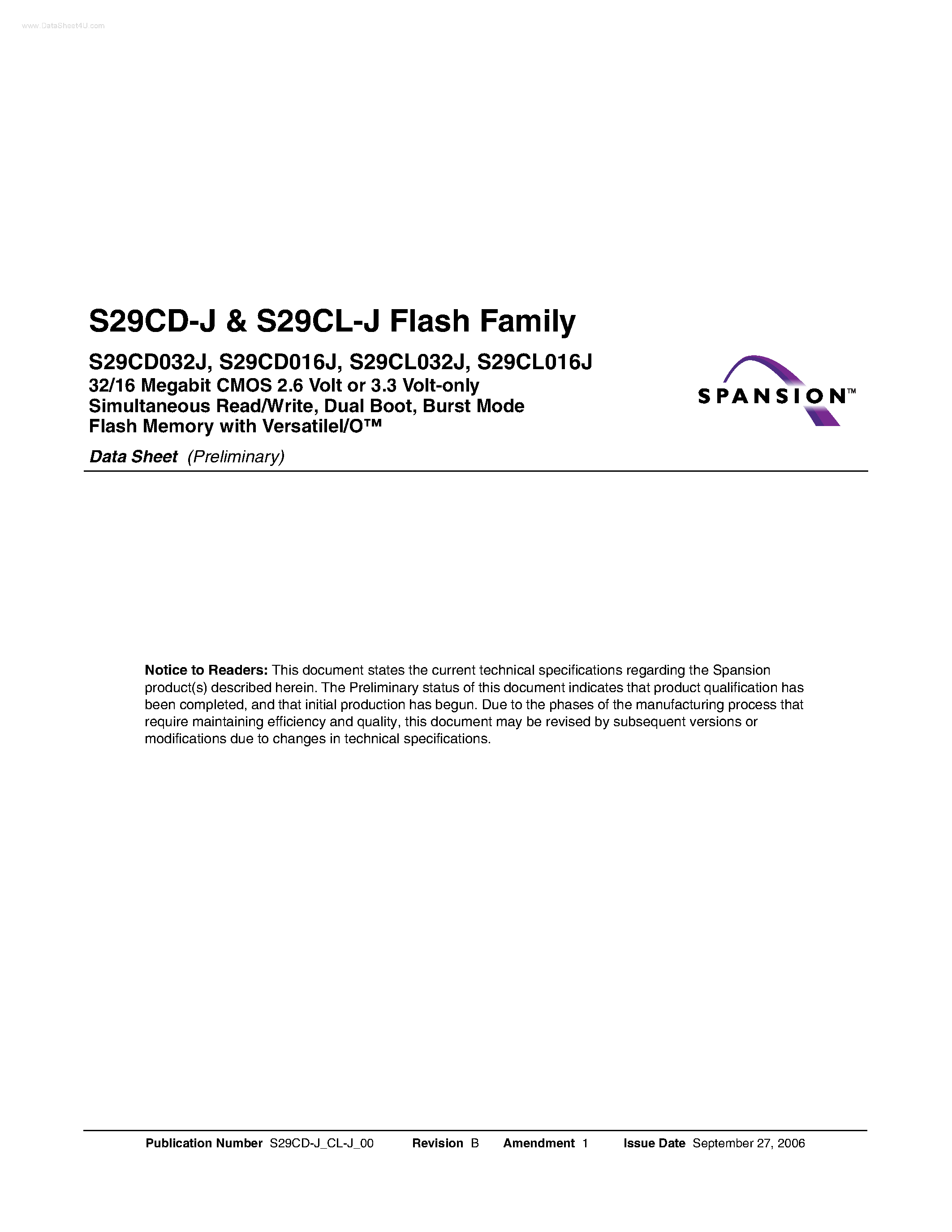 Datasheet S29CD-J - (S29CD-J / S29CL-J) Burst Mode Flash Memory page 1