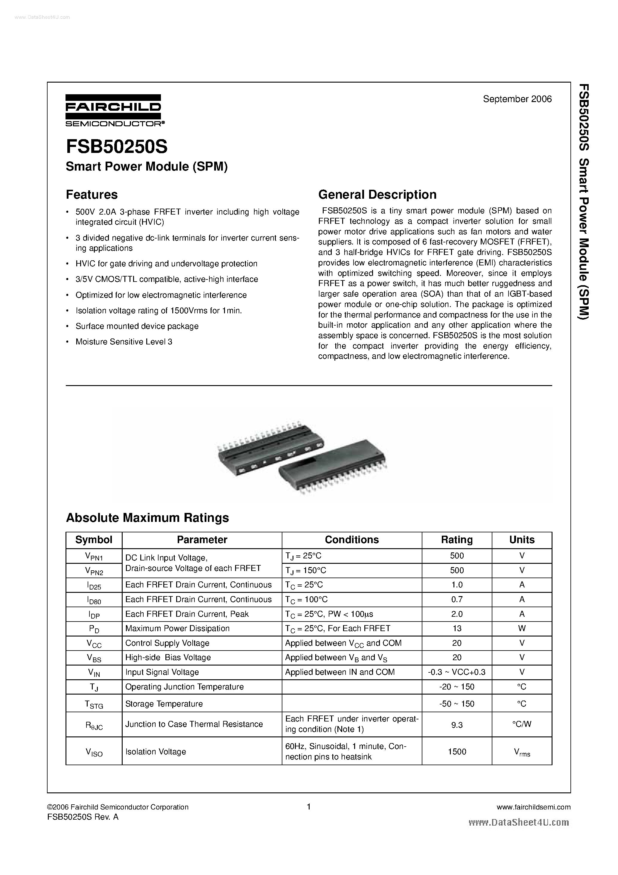 Даташит FSB50250S - Smart Power Module страница 1