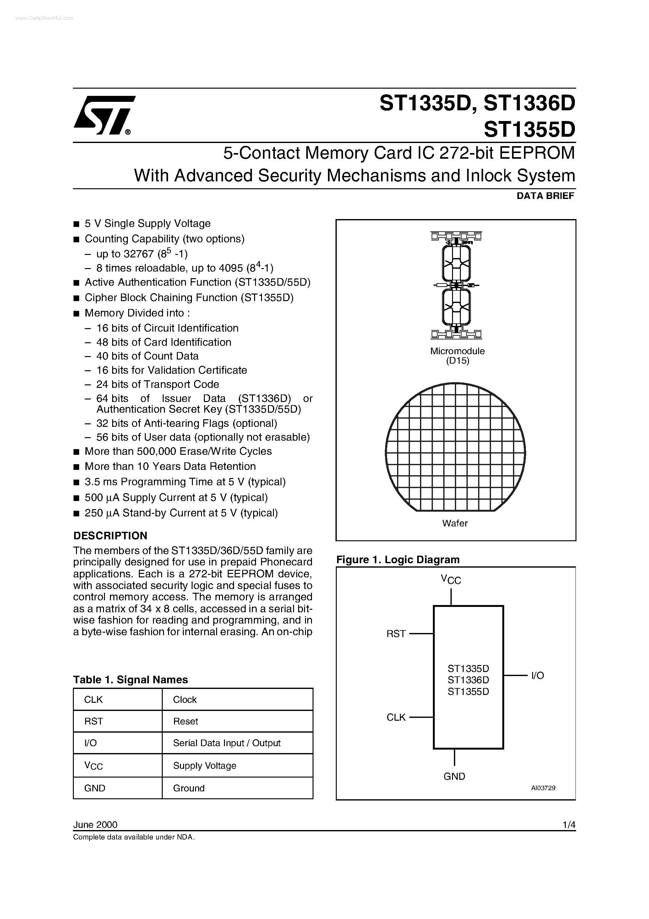 Datasheet ST1335D - (ST1335D / ST1336D / ST1355D) 5-Contact Memory Card IC 272-bit EEPROM page 1