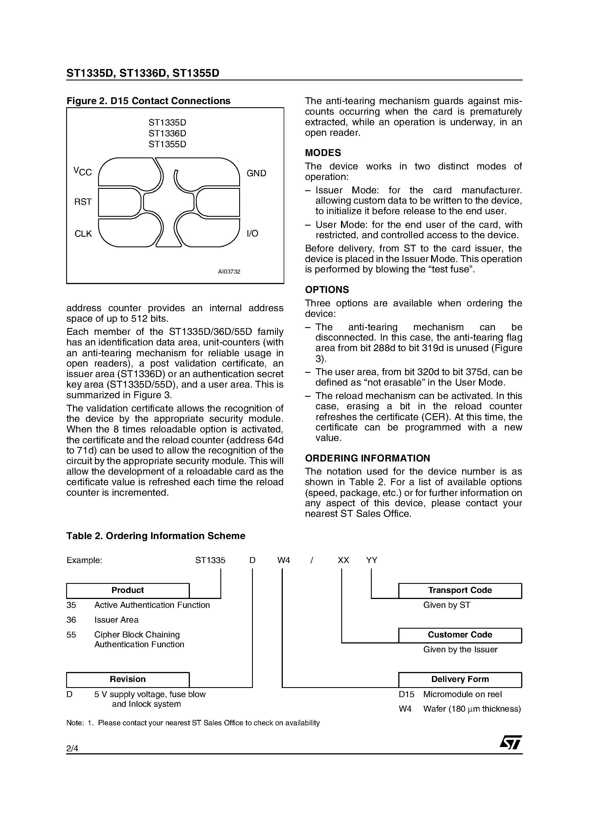 Datasheet ST1335D - (ST1335D / ST1336D / ST1355D) 5-Contact Memory Card IC 272-bit EEPROM page 2