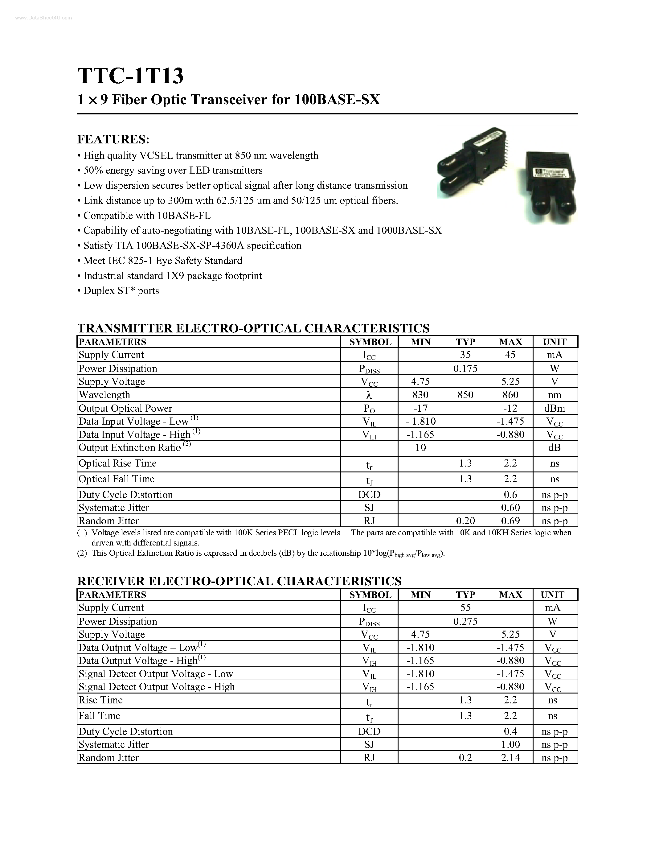 Даташит TTC-1T13 - 1 x 9 Fiber Optic Transceiver страница 1