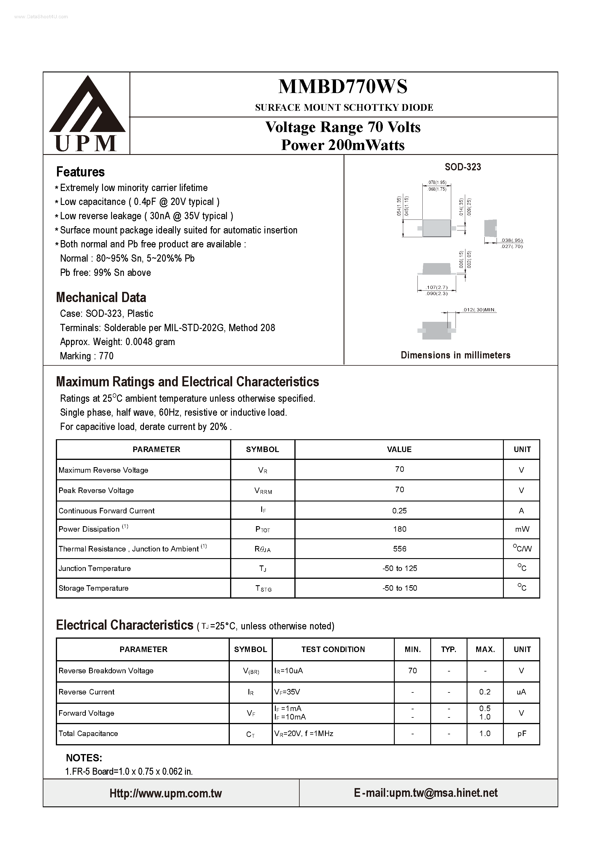Datasheet MMBD770WS - SURFACE MOUNT SCHOTTKY DIODE page 1
