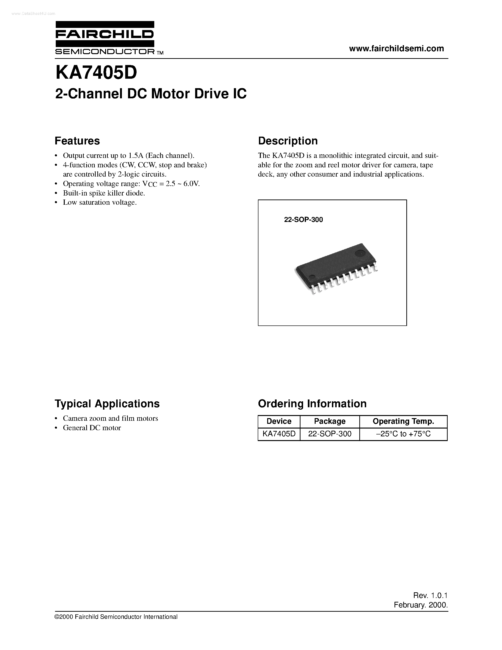 Даташит KA7405D - 2-Channel DC Motor Drive IC страница 1
