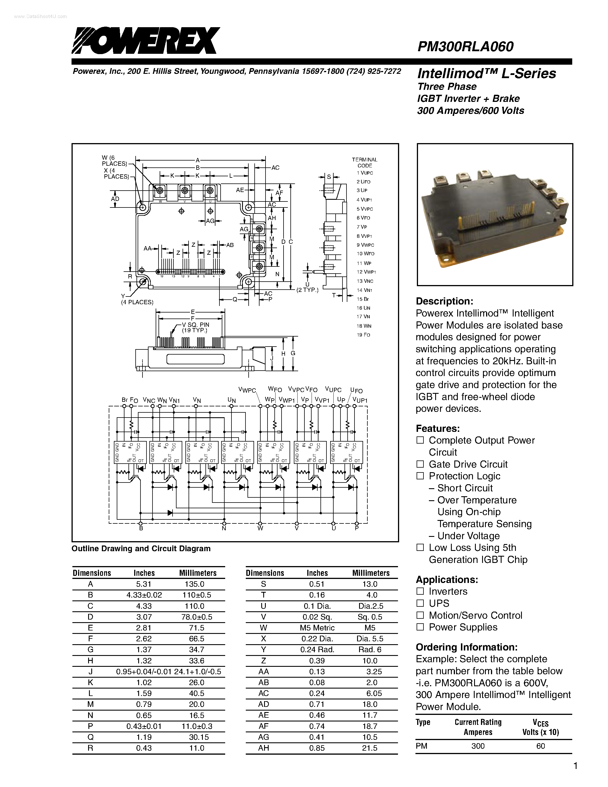 Даташит PM300RLA060 - Intellimod L-Series Three Phase IGBT Inverter + Brake страница 1