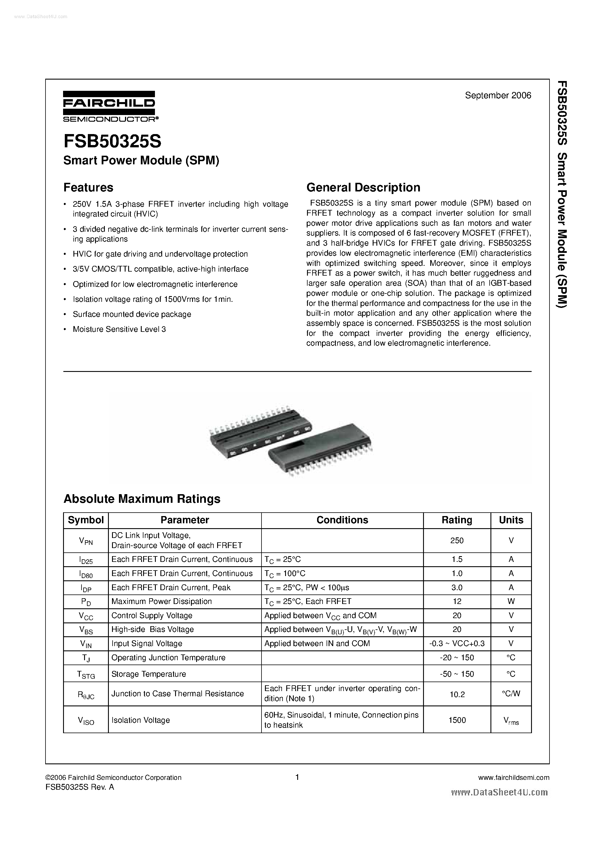 Даташит FSB50325S - smart power module страница 1