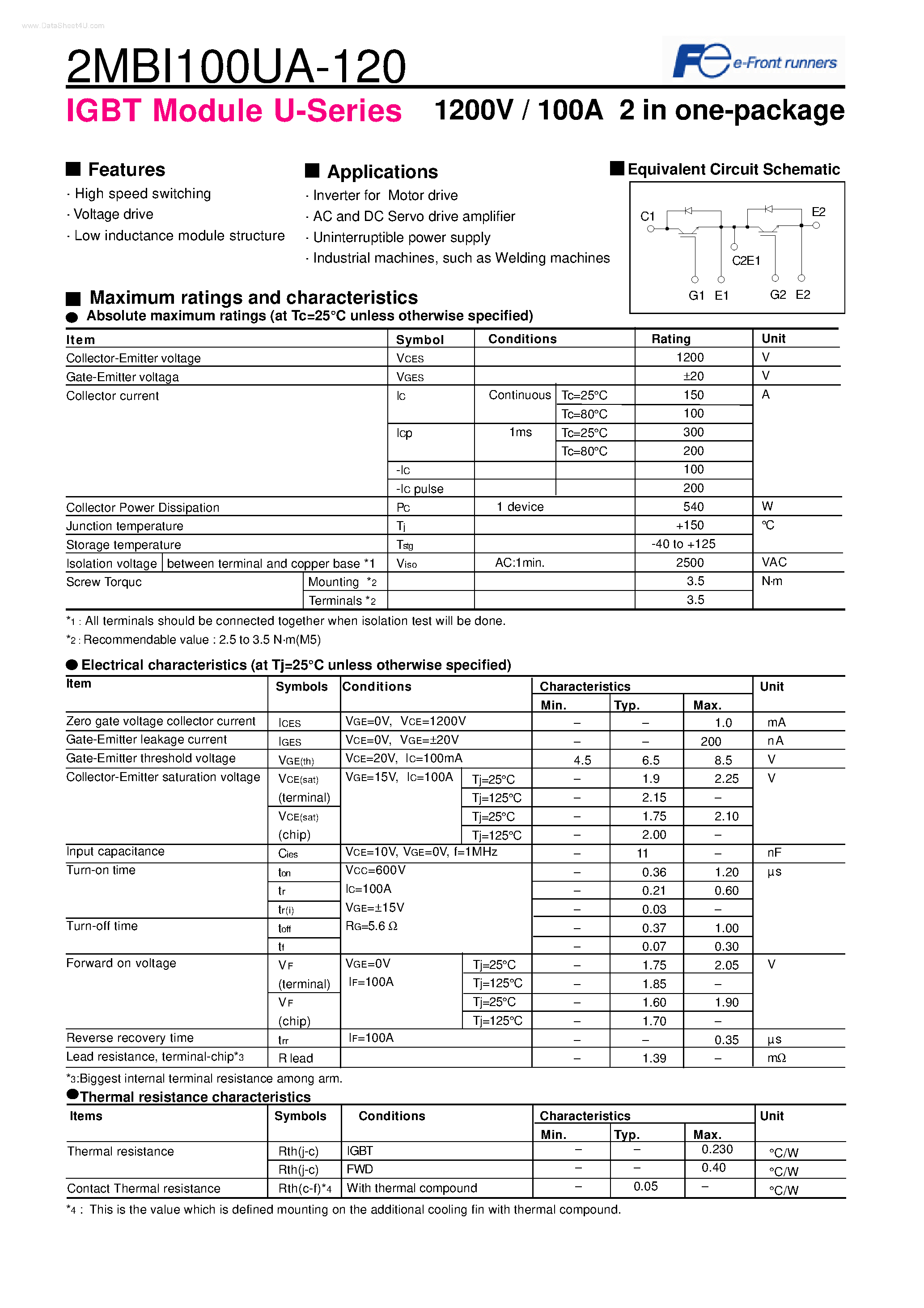 Datasheet 2MBI100UA-120 - IGBT Module U-Series page 1