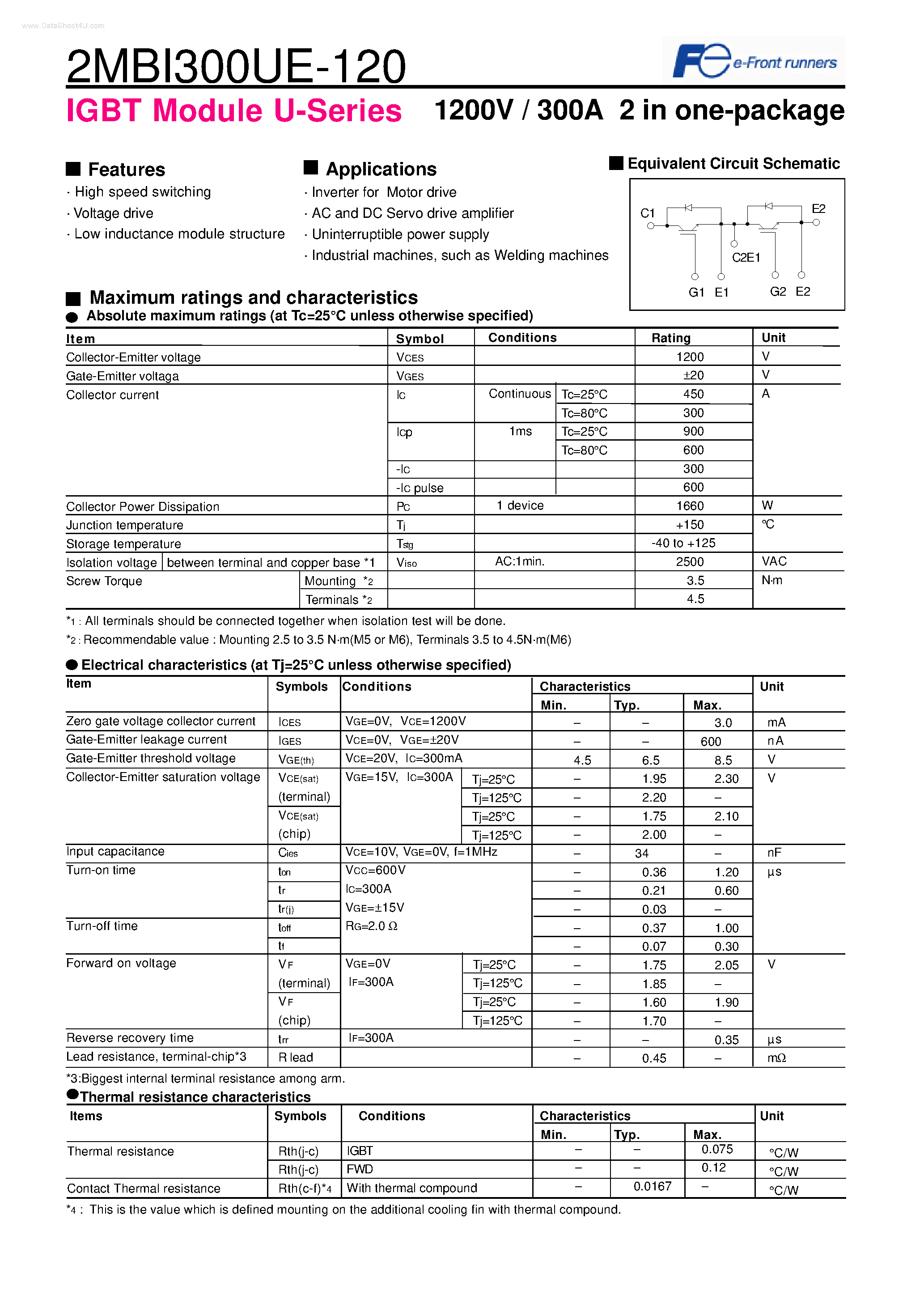 Datasheet 2MBI300UE-120 - IGBT Module U-Series page 1