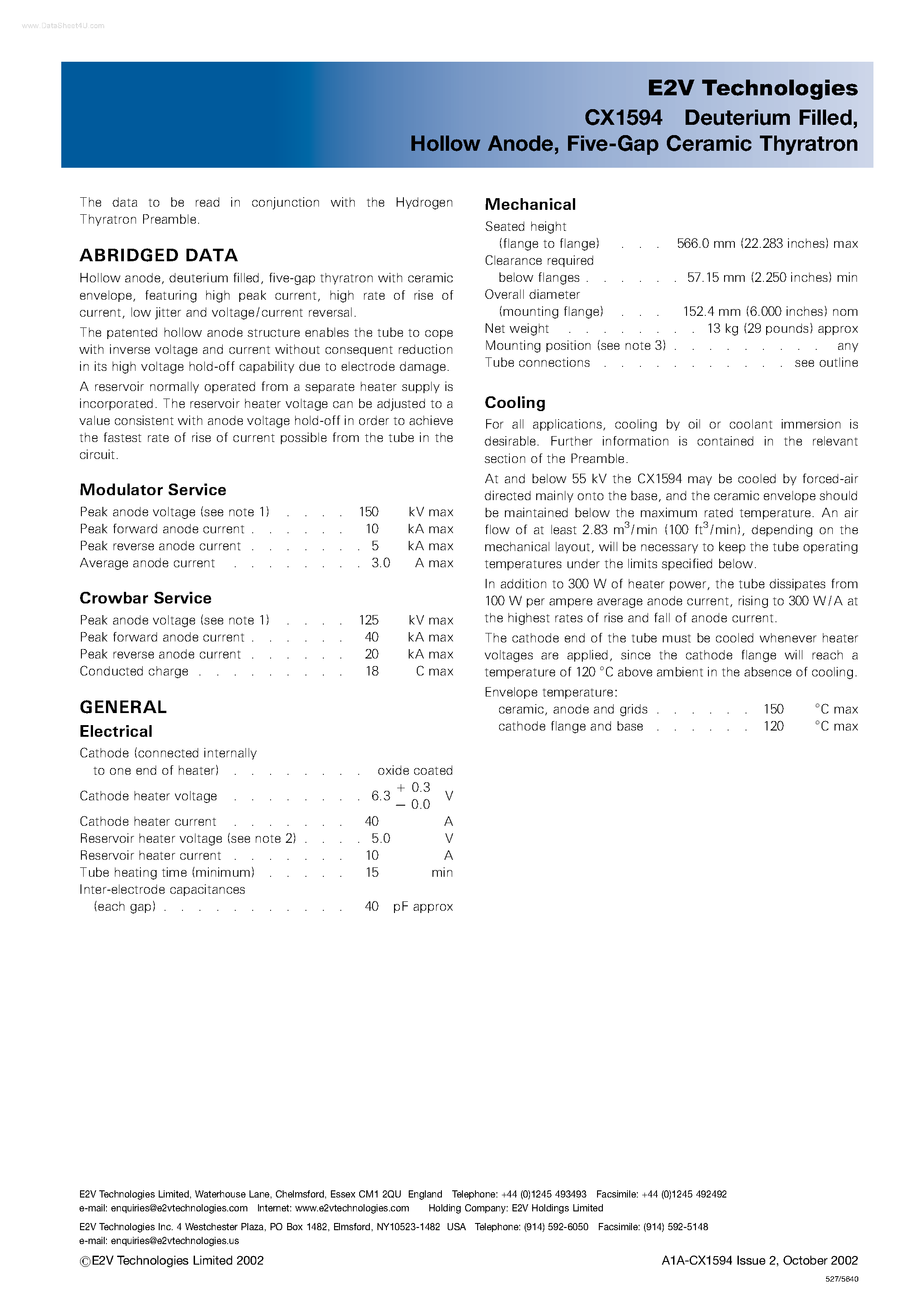 Datasheet CX1594 - Five-Gap Ceramic Thyratron page 1