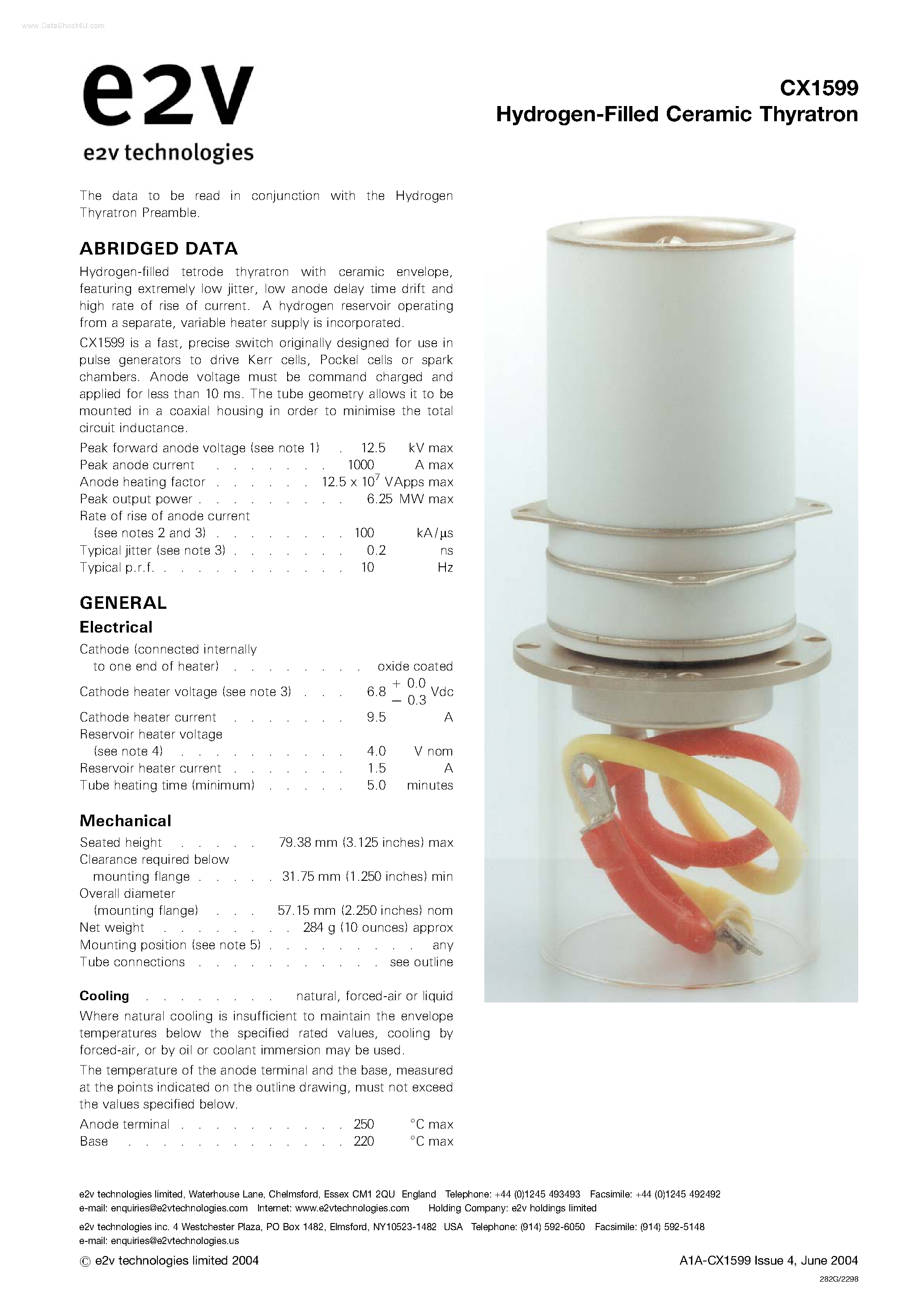 Datasheet CX1599 - Hydrogen-Filled Ceramic Thyratron page 1