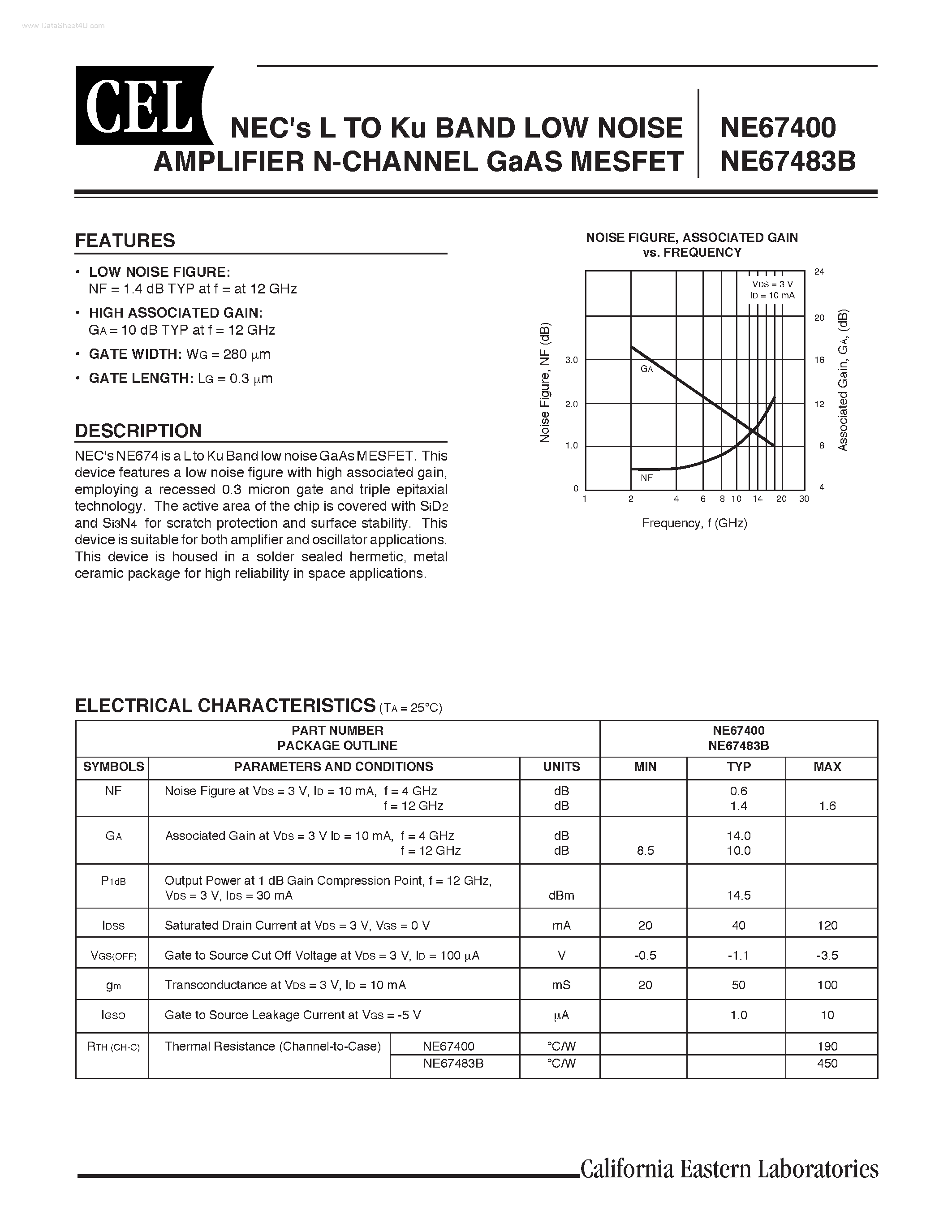 Даташит NE67400 - (NE67400 / NE67483B) NECs L TO Ku BAND LOW NOISE AMPLIFIER N-CHANNEL GaAS MESFET страница 1