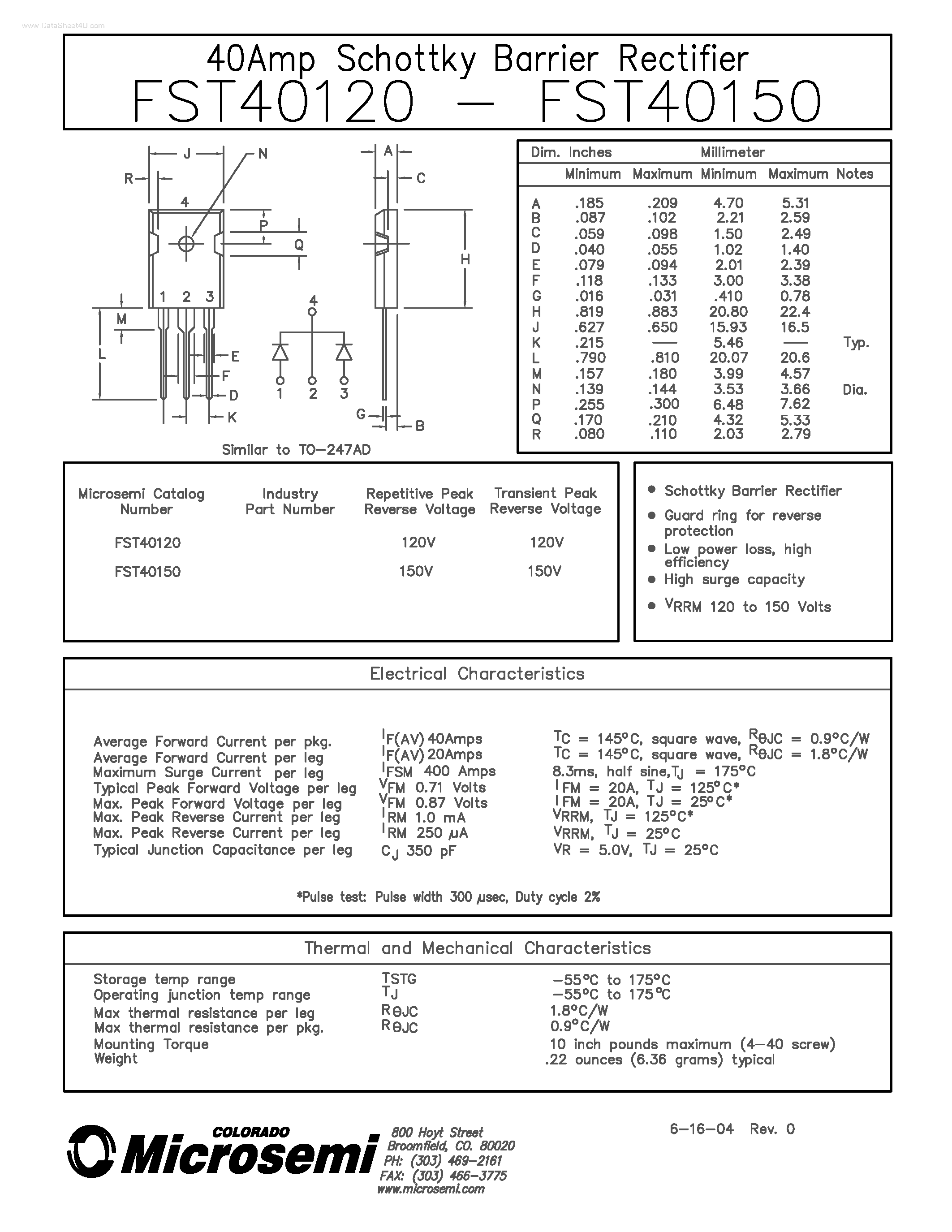 Даташит FST40120 - (FST40120 / FST40150) Schottky Barrier Rectifier страница 1
