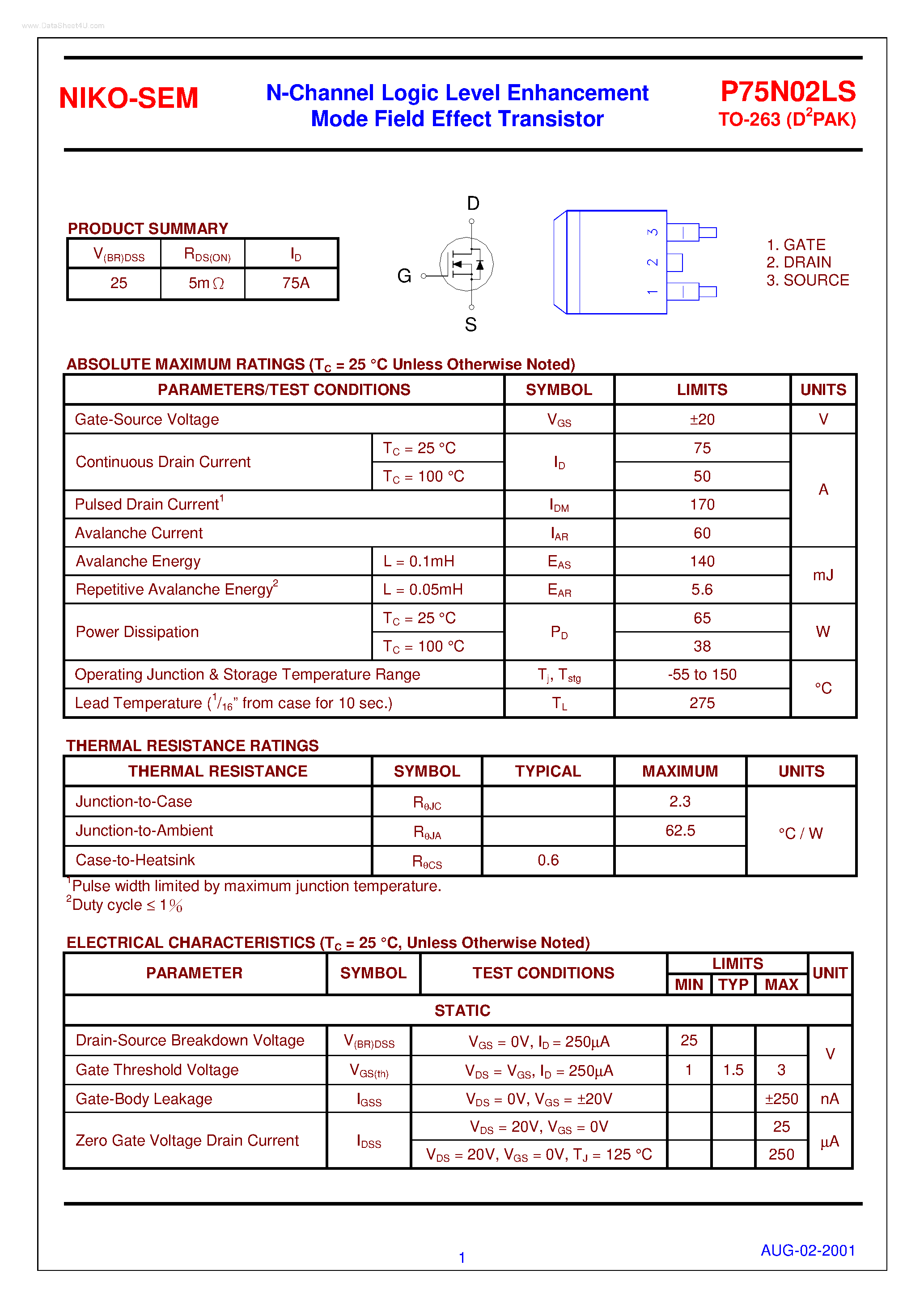Datasheet P75N02LS - N-Channel Logic Level Enhancement Mode Field Effect Transistor page 1