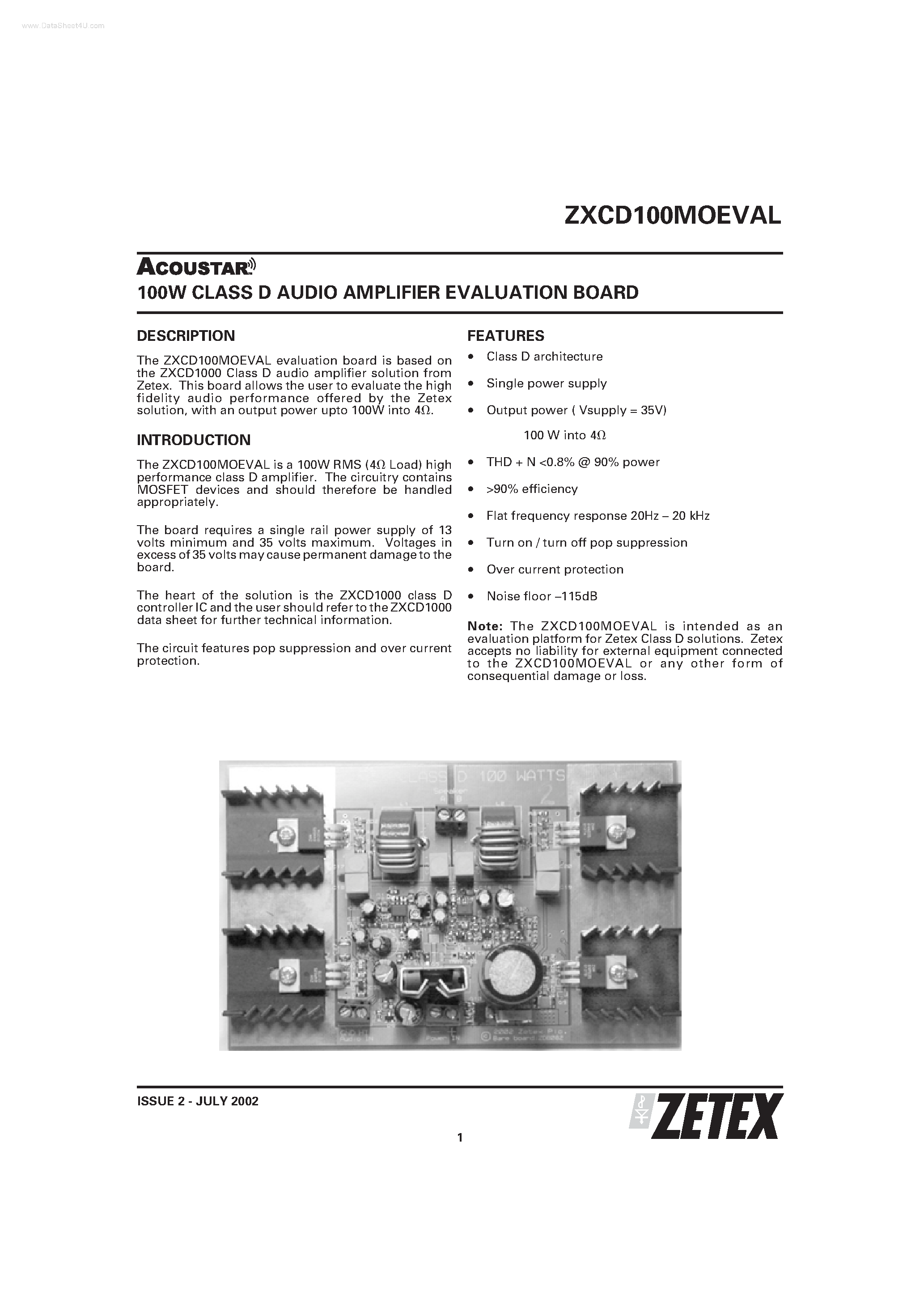 Datasheet ZXCD100MOEVAL - 100W CLASS D AUDIO AMPLIFIER EVALUATION BOARD page 1