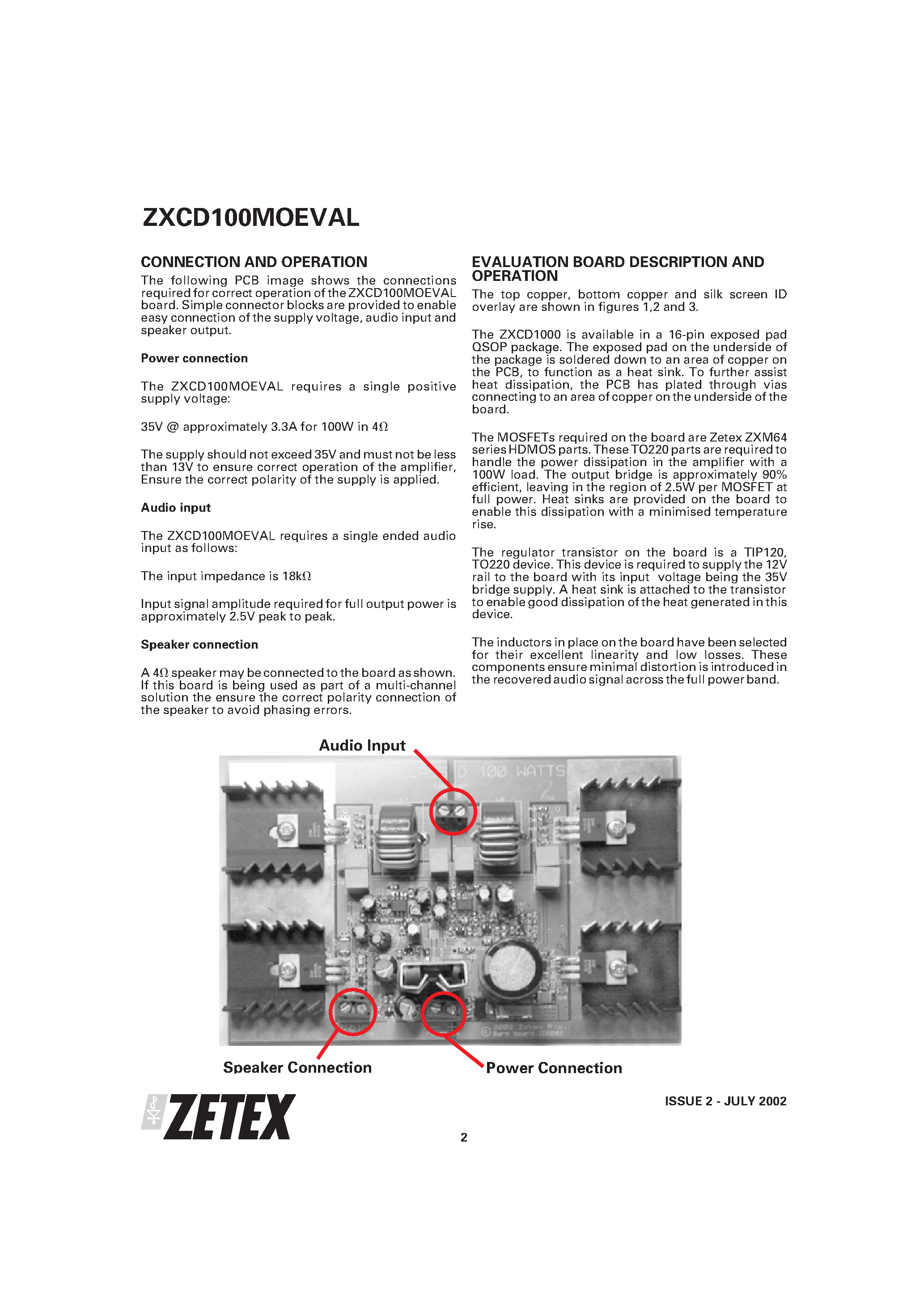 Datasheet ZXCD100MOEVAL - 100W CLASS D AUDIO AMPLIFIER EVALUATION BOARD page 2