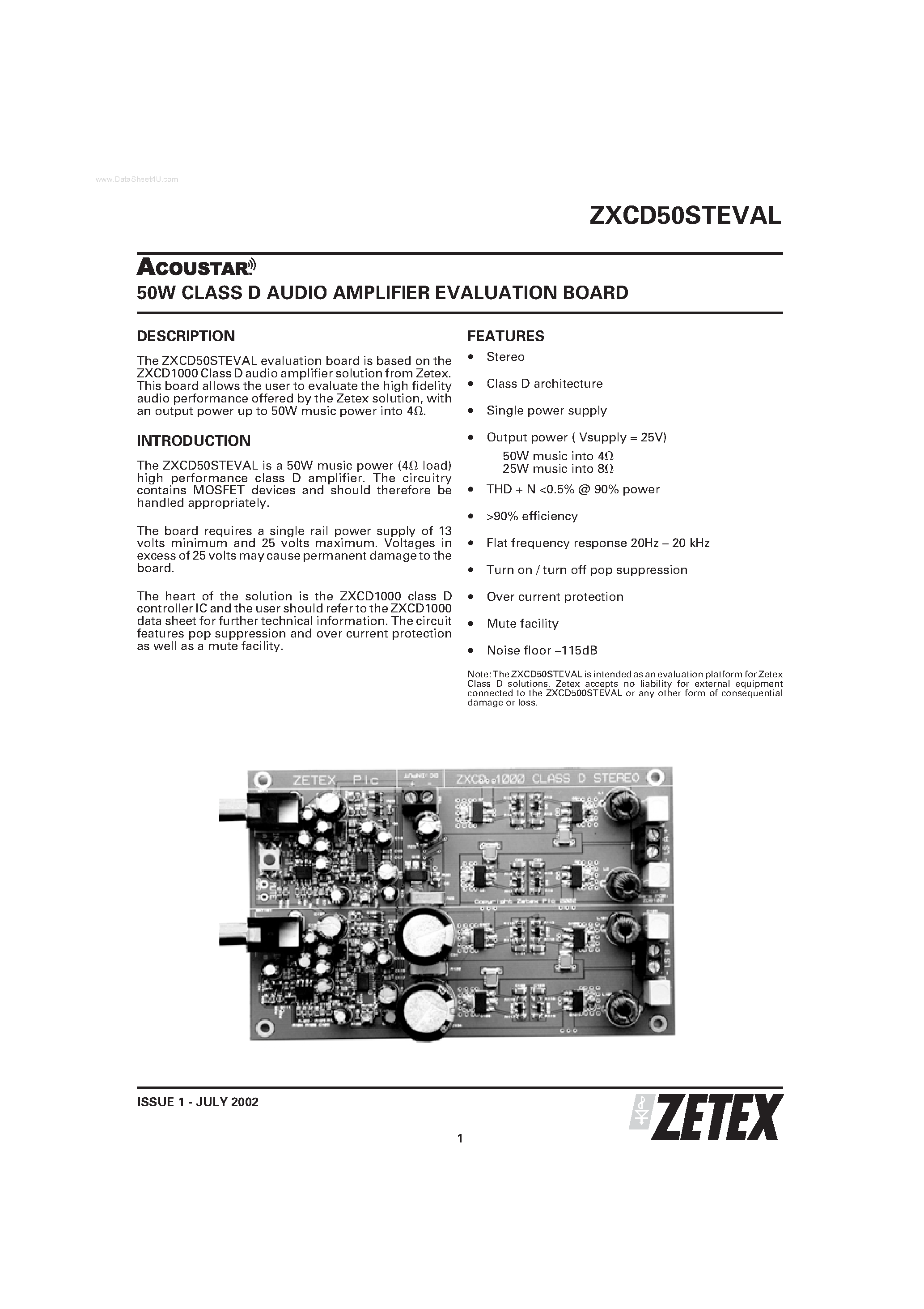 Даташит ZXCD50STEVAL - 50W CLASS D AUDIO AMPLIFIER EVALUATION BOARD страница 1