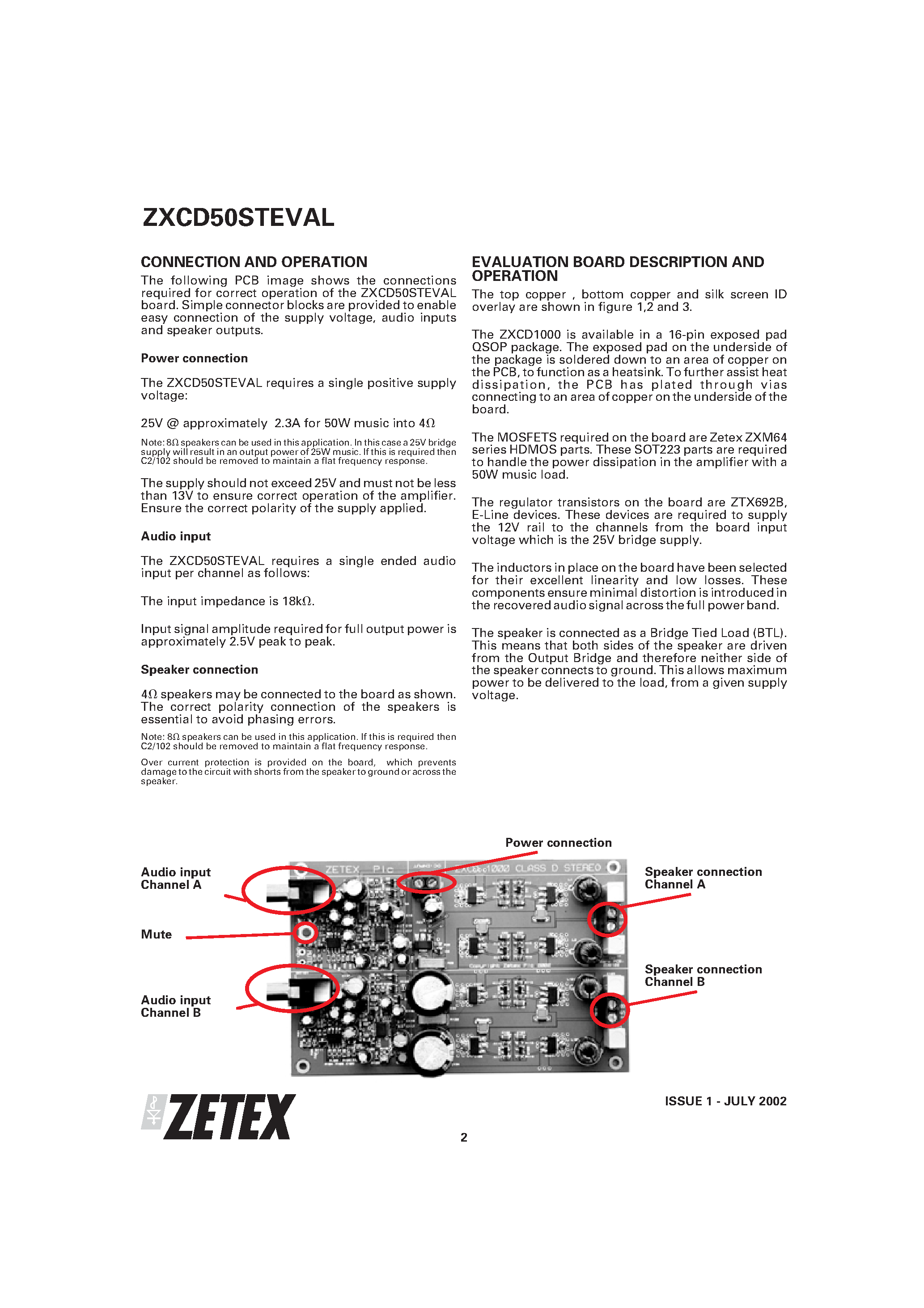 Datasheet ZXCD50STEVAL - 50W CLASS D AUDIO AMPLIFIER EVALUATION BOARD page 2