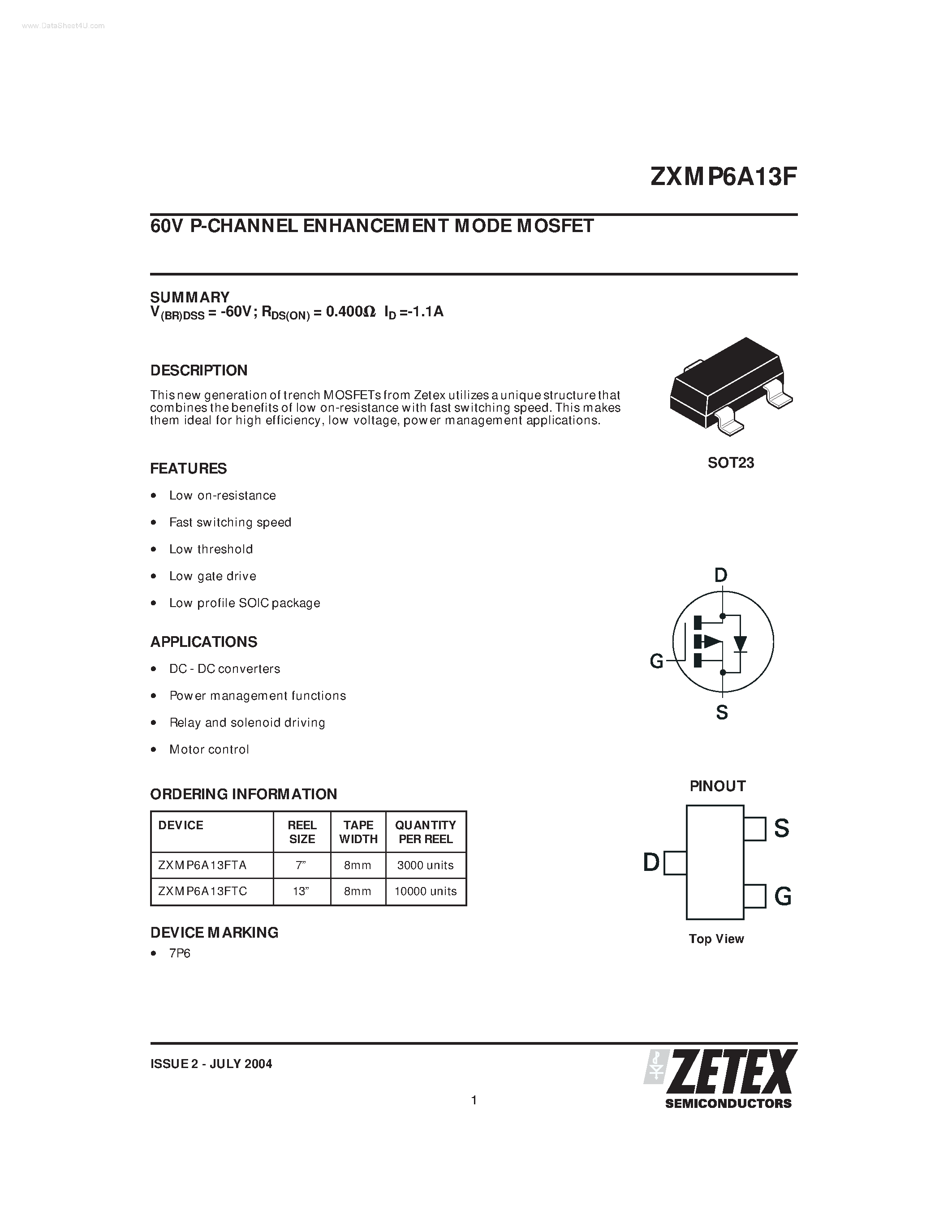 Даташит ZXMP6A13F - 60V P-CHANNEL ENHANCEMENT MODE MOSFET страница 1