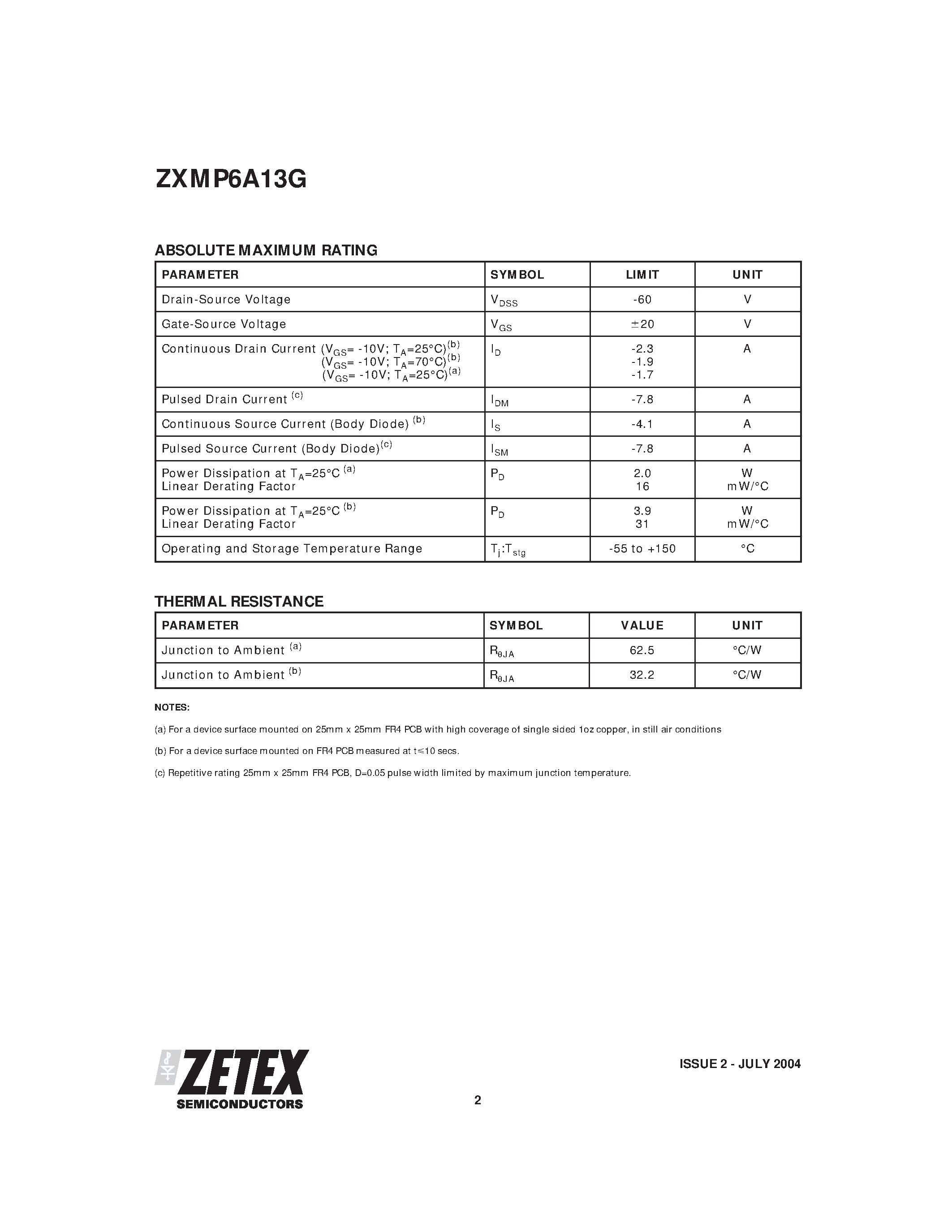 Даташит ZXMP6A13G - 60V P-CHANNEL ENHANCEMENT MODE MOSFET страница 2