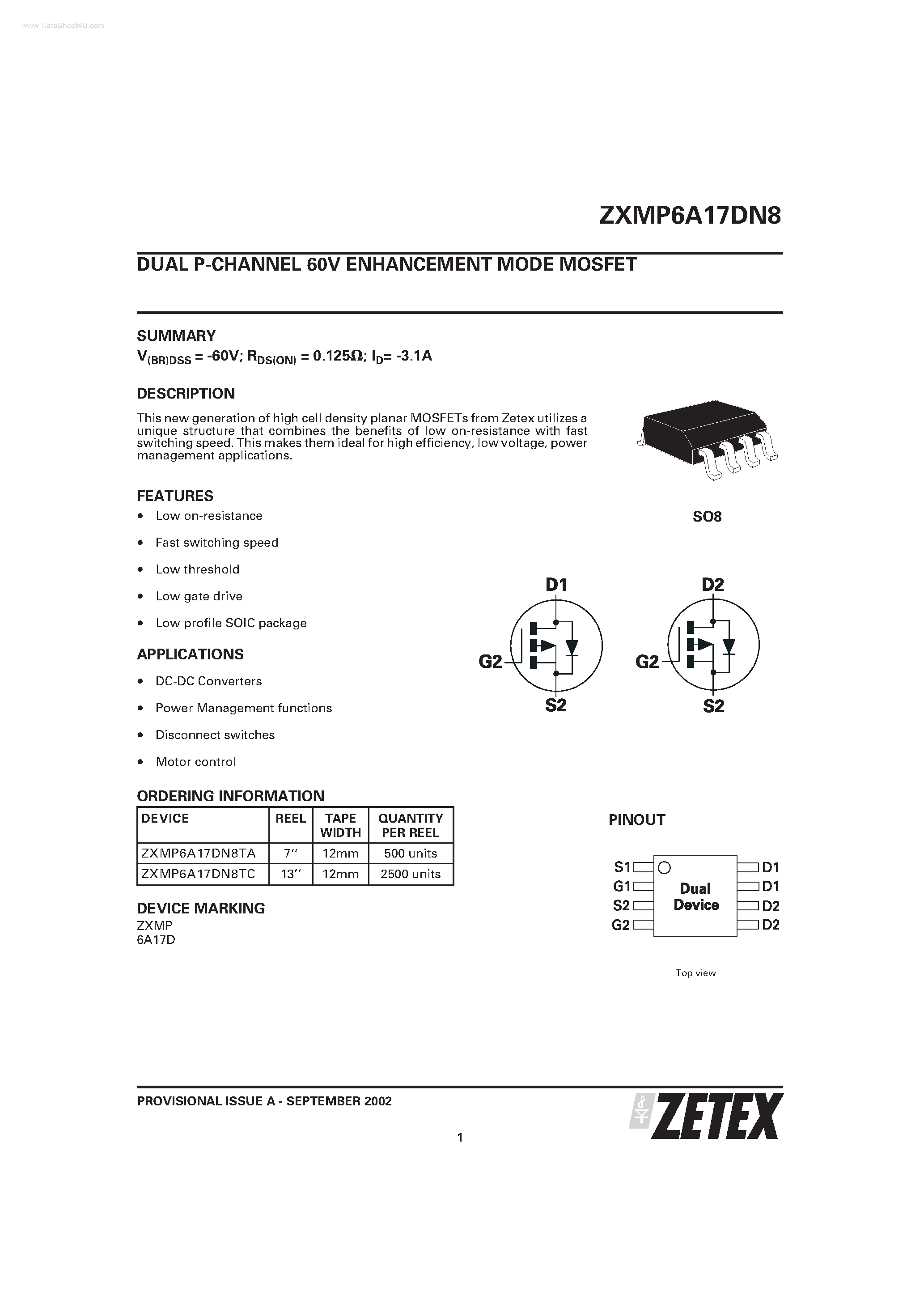 Даташит ZXMP6A17DN8 - DUAL P-CHANNEL 60V ENHANCEMENT MODE MOSFET страница 1