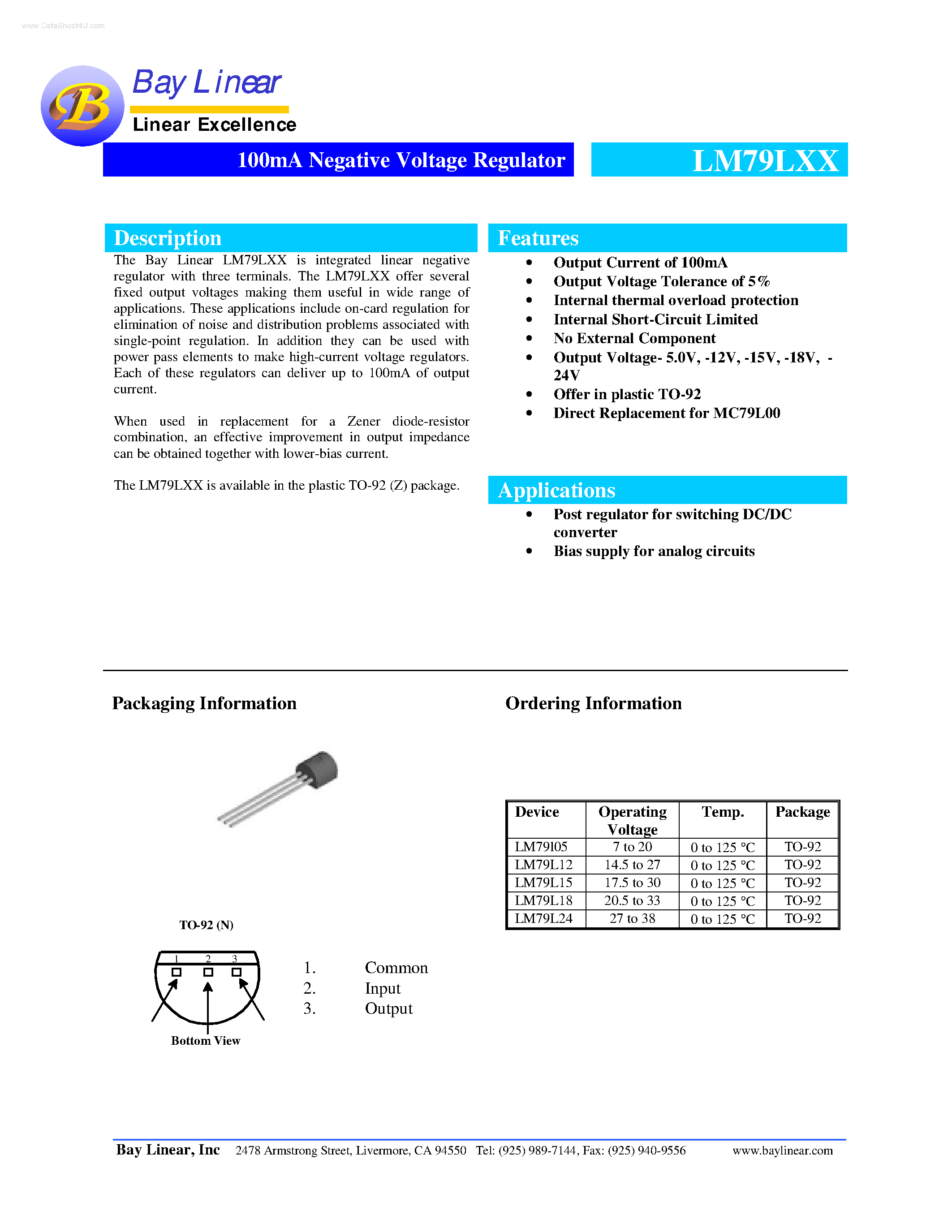 Даташит LM79LXX - 100mA Negative Voltage Regulator страница 1