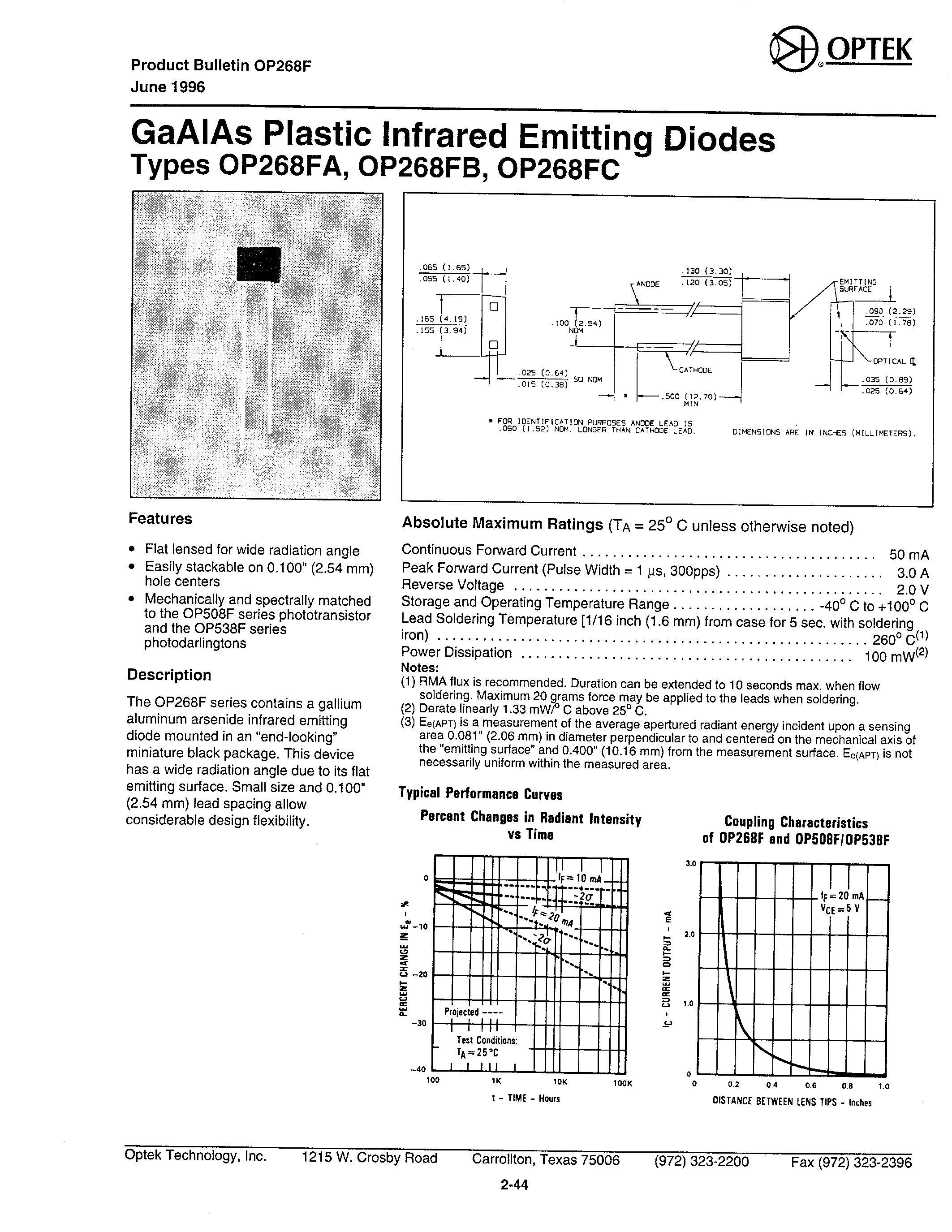 Datasheet OP268FA - (OP268Fx) GaAIAs Plastic Infrared Emitting Diodes page 1