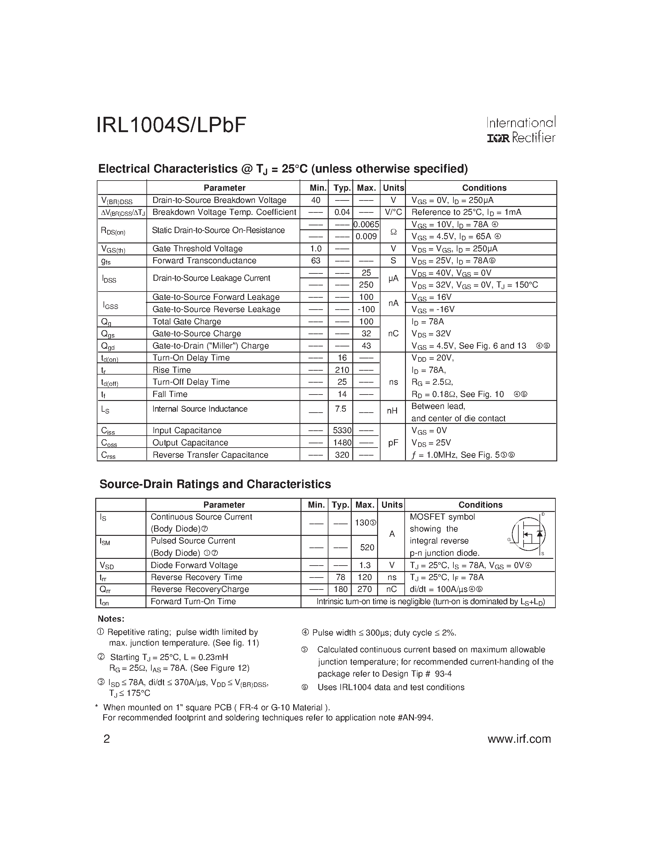Даташит IRL1004LPBF - (IRL1004SPBF / IRL1004LPBF) HEXFET Power MOSFET страница 2