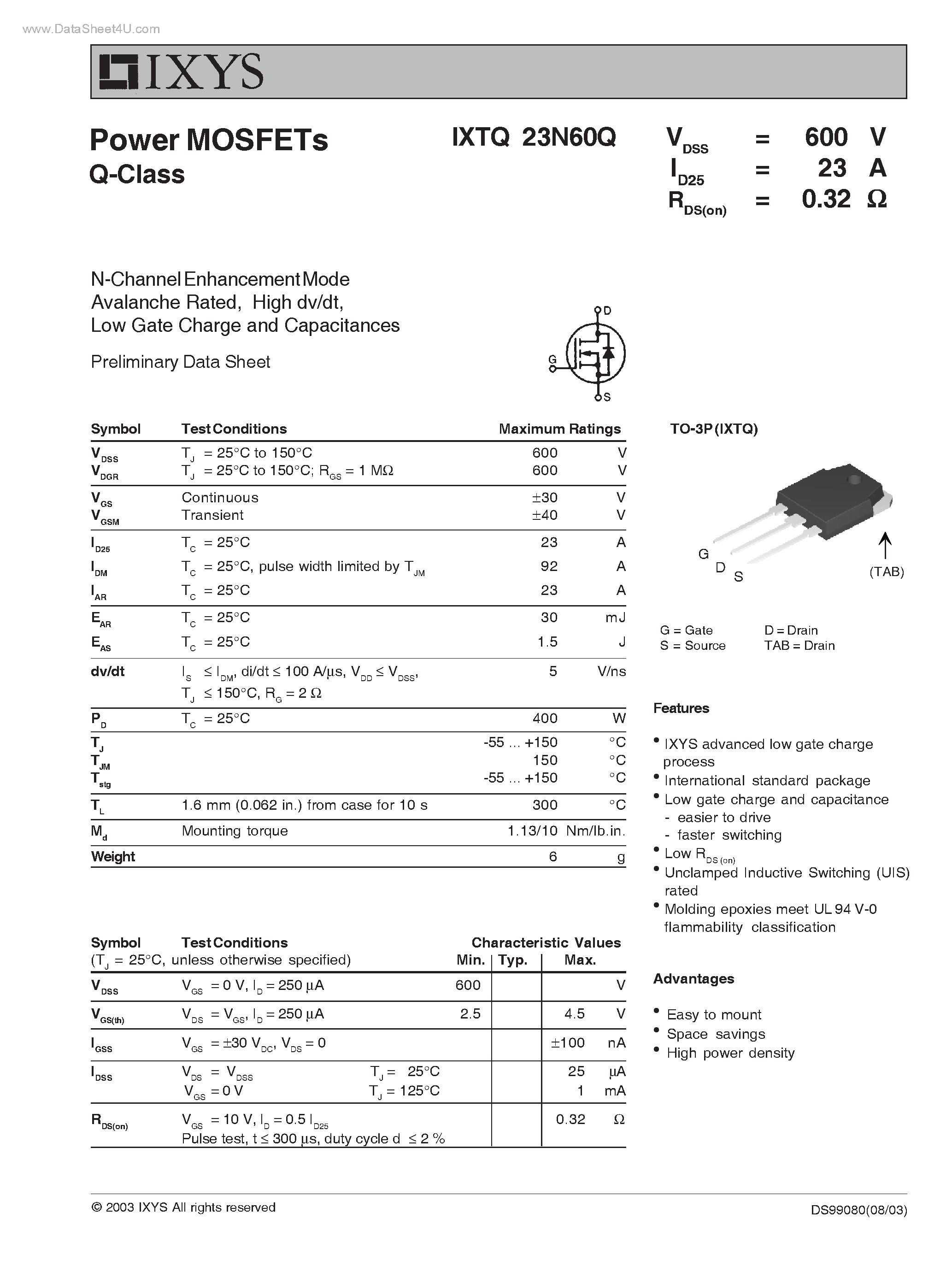 Даташит IXTQ23N60Q - Power MOSFETs Q-Class страница 1