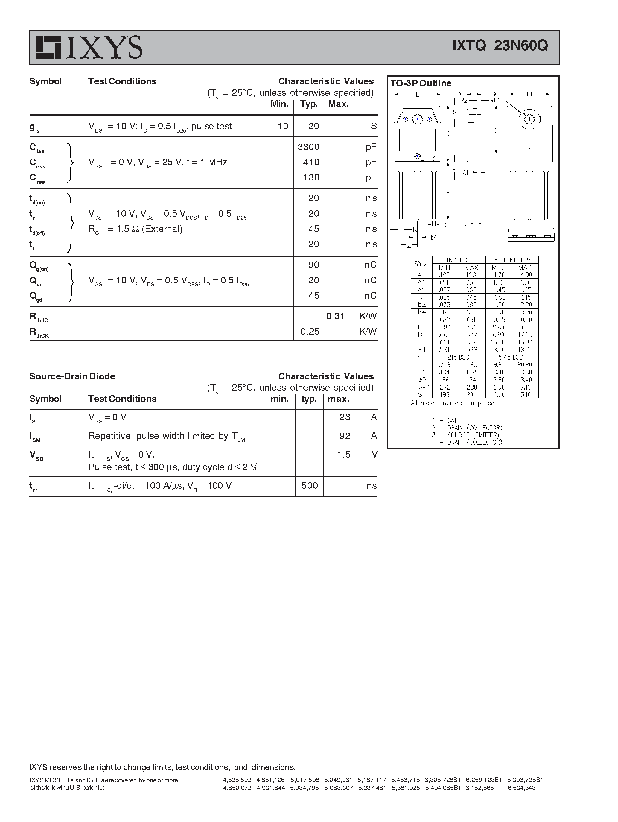 Даташит IXTQ23N60Q - Power MOSFETs Q-Class страница 2