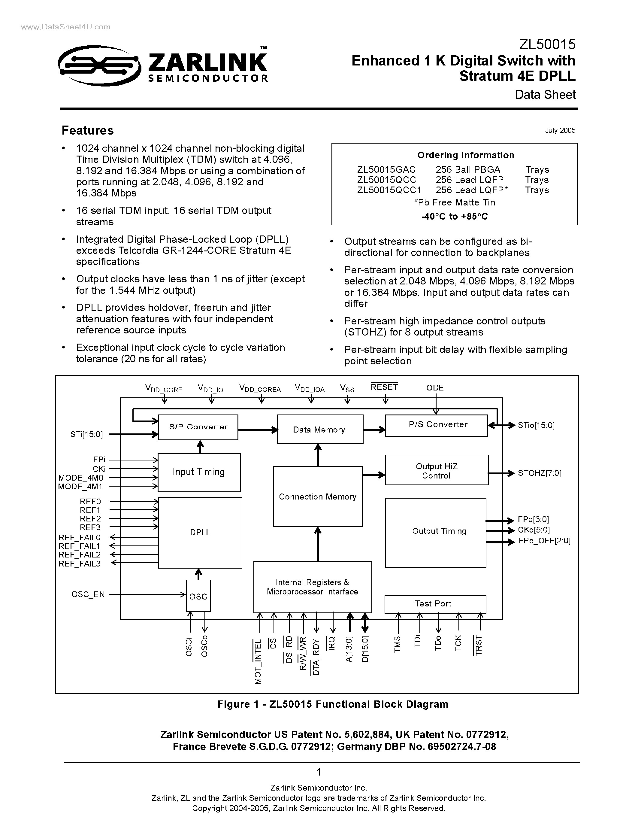 Datasheet ZL50015 - Enhanced 1 K Digital Switch page 1