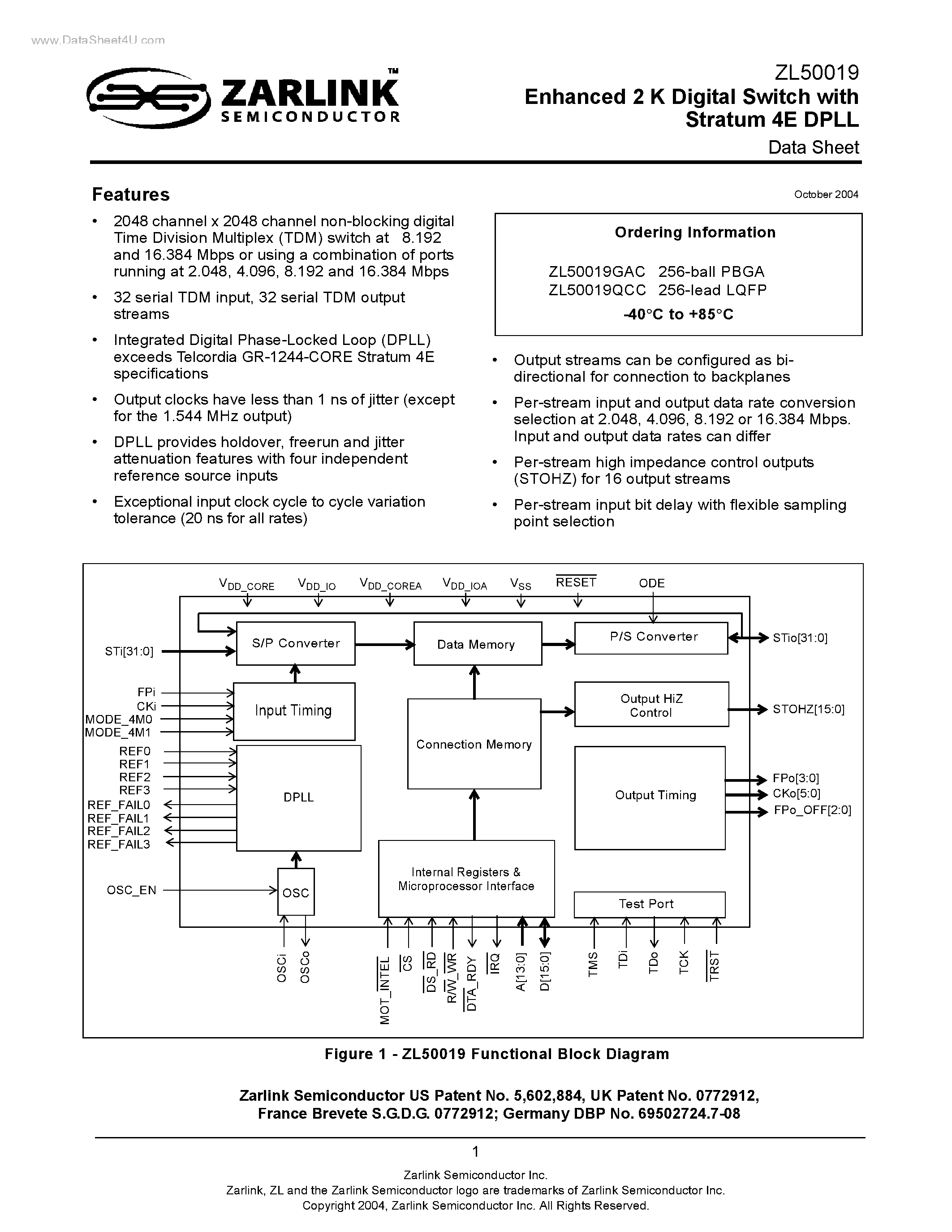 Datasheet ZL50019 - Enhanced 2 K Digital Switch page 1