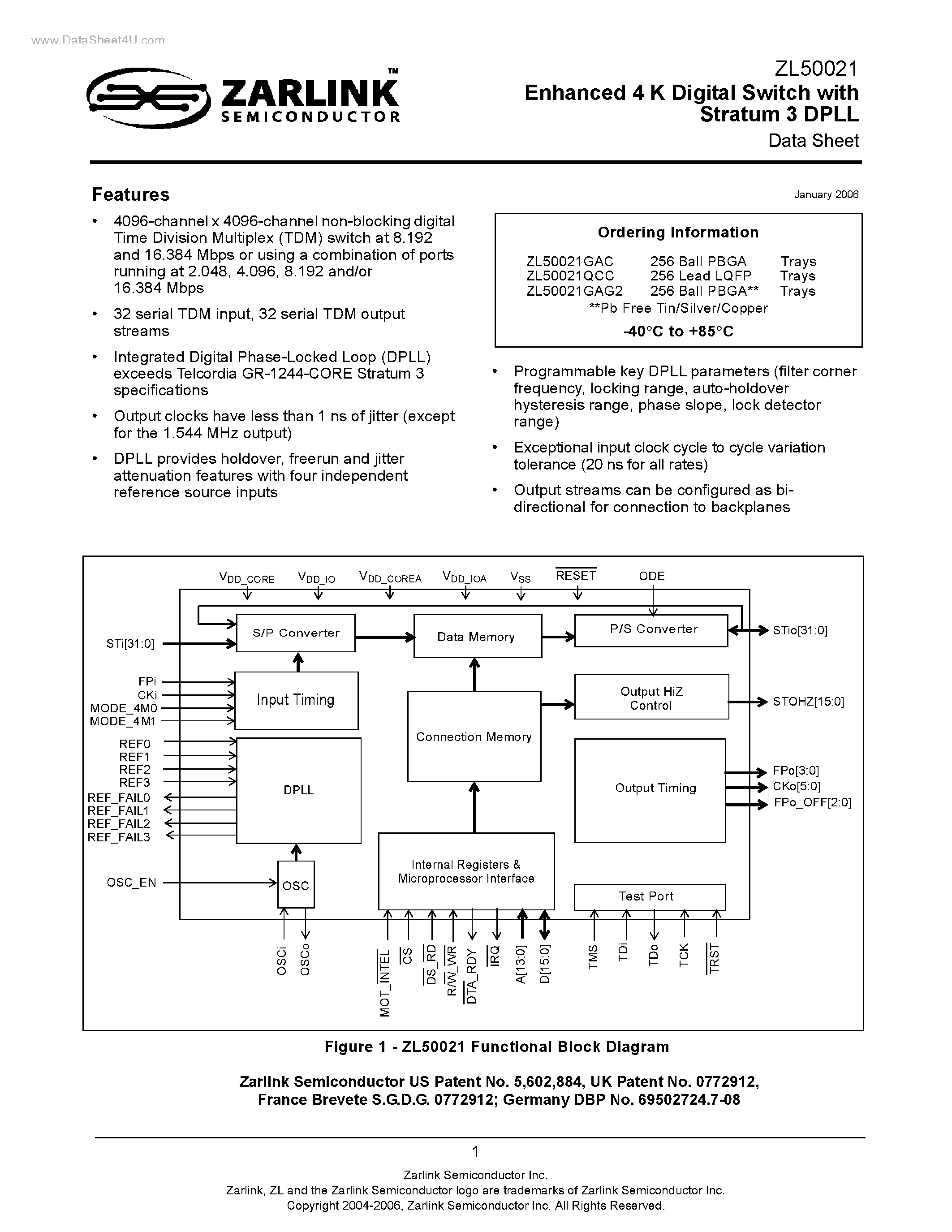 Datasheet ZL50021 - Enhanced 4 K Digital Switch page 1
