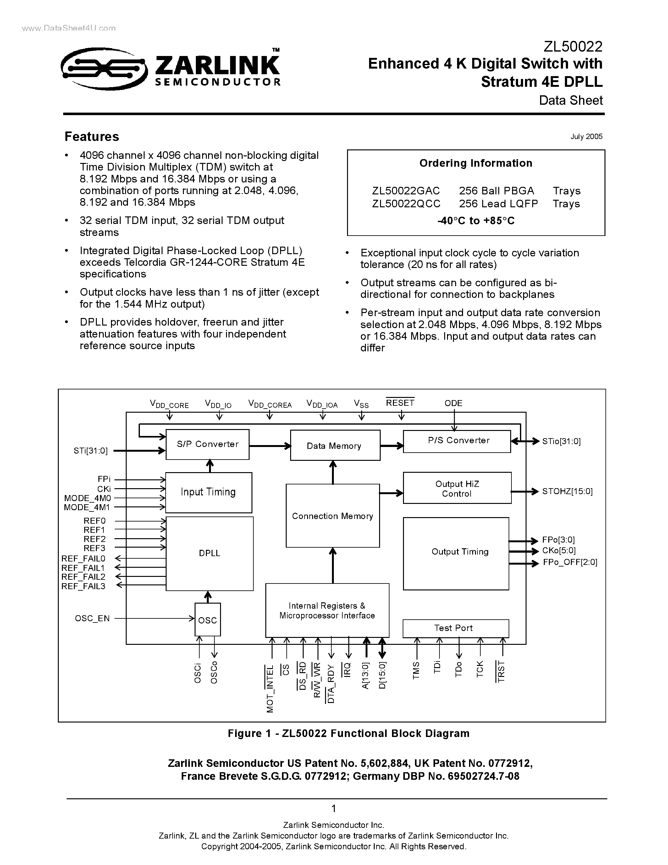 Datasheet ZL50022 - Enhanced 4 K Digital Switch page 1