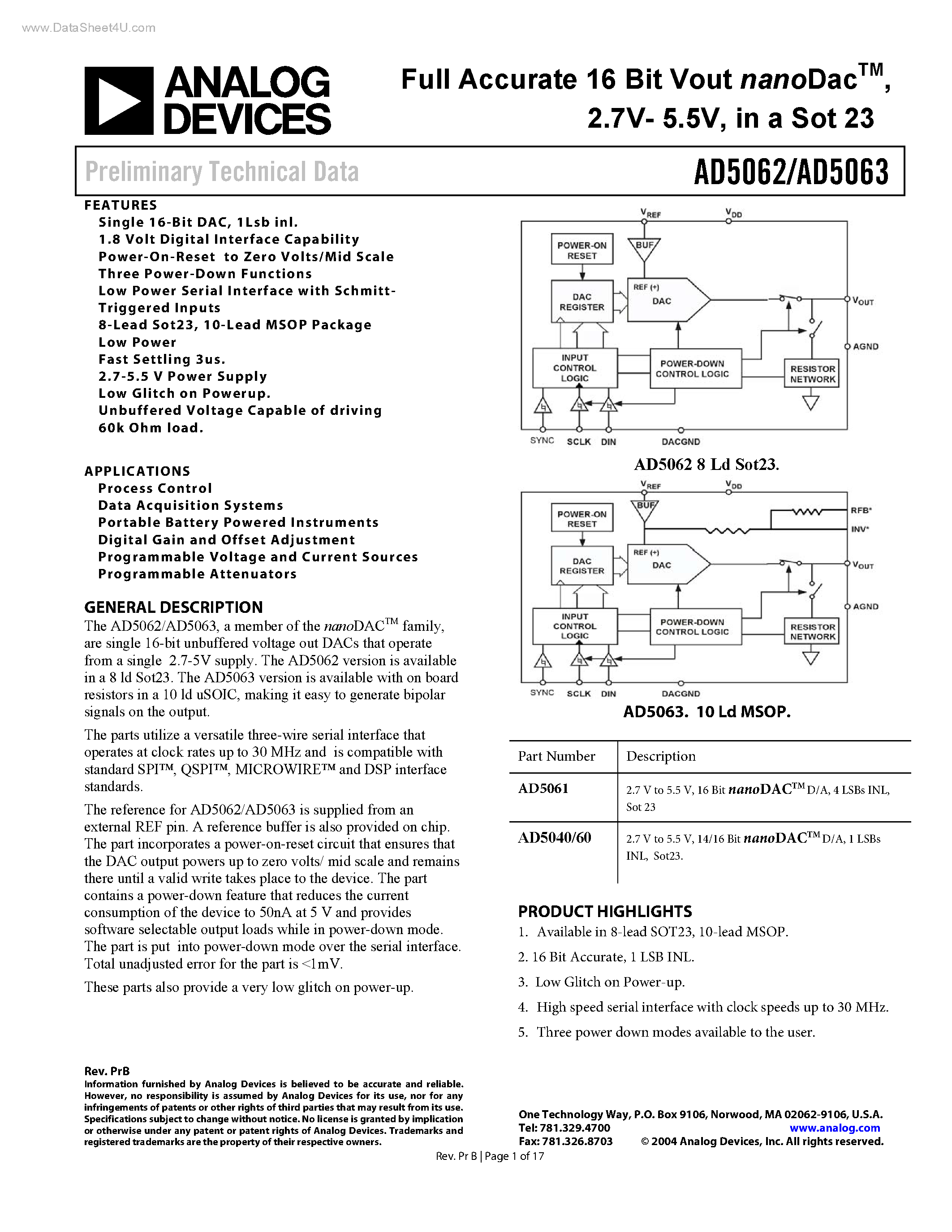 Datasheet AD5062 - (AD5062 / AD5063) Full Accurate 16 Bit Vout nanoDac page 1