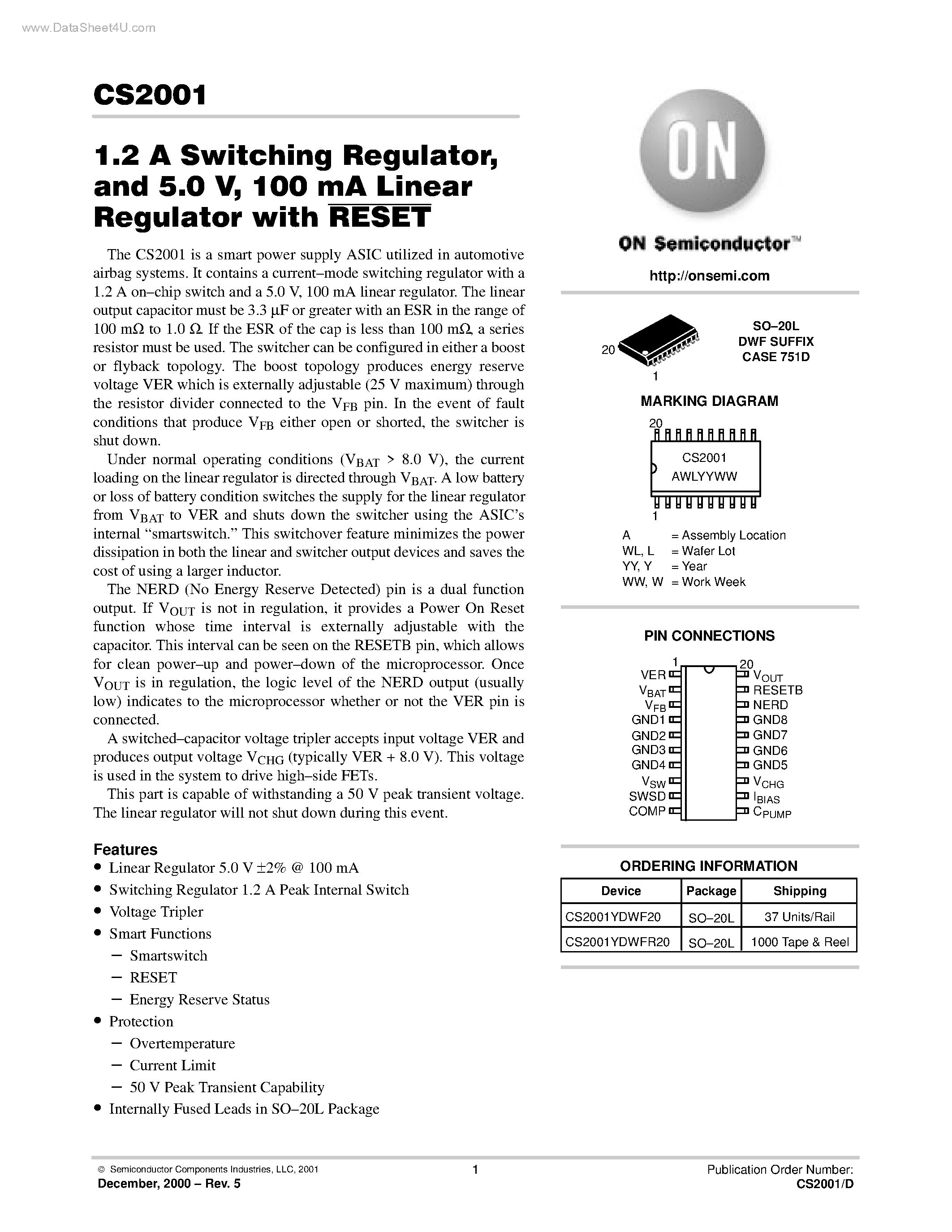 Datasheet CS2001 - 100 mA Linear Regulator page 1