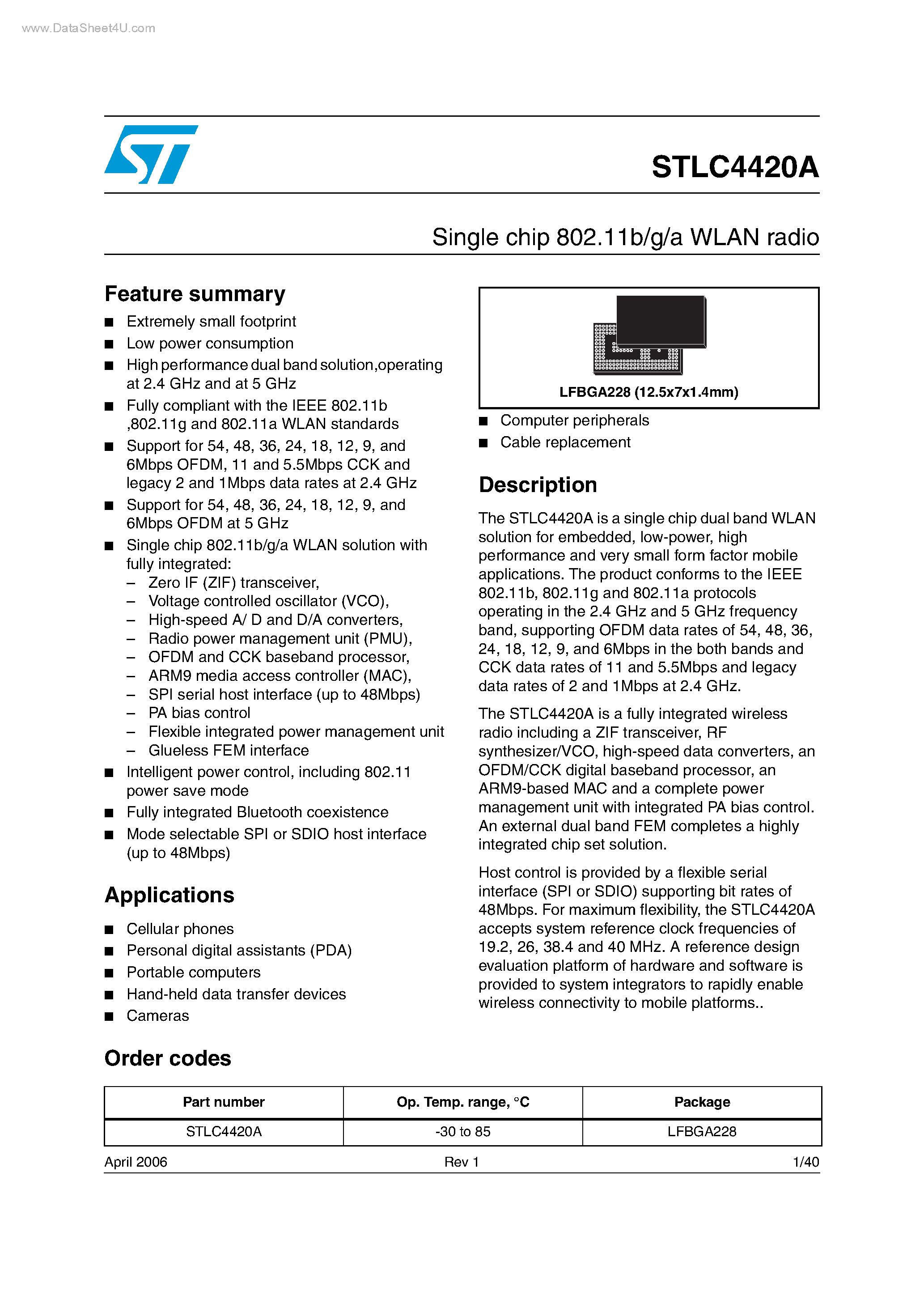 Datasheet STLC4420A - Single chip 802.11b/g/a WLAN radio page 1