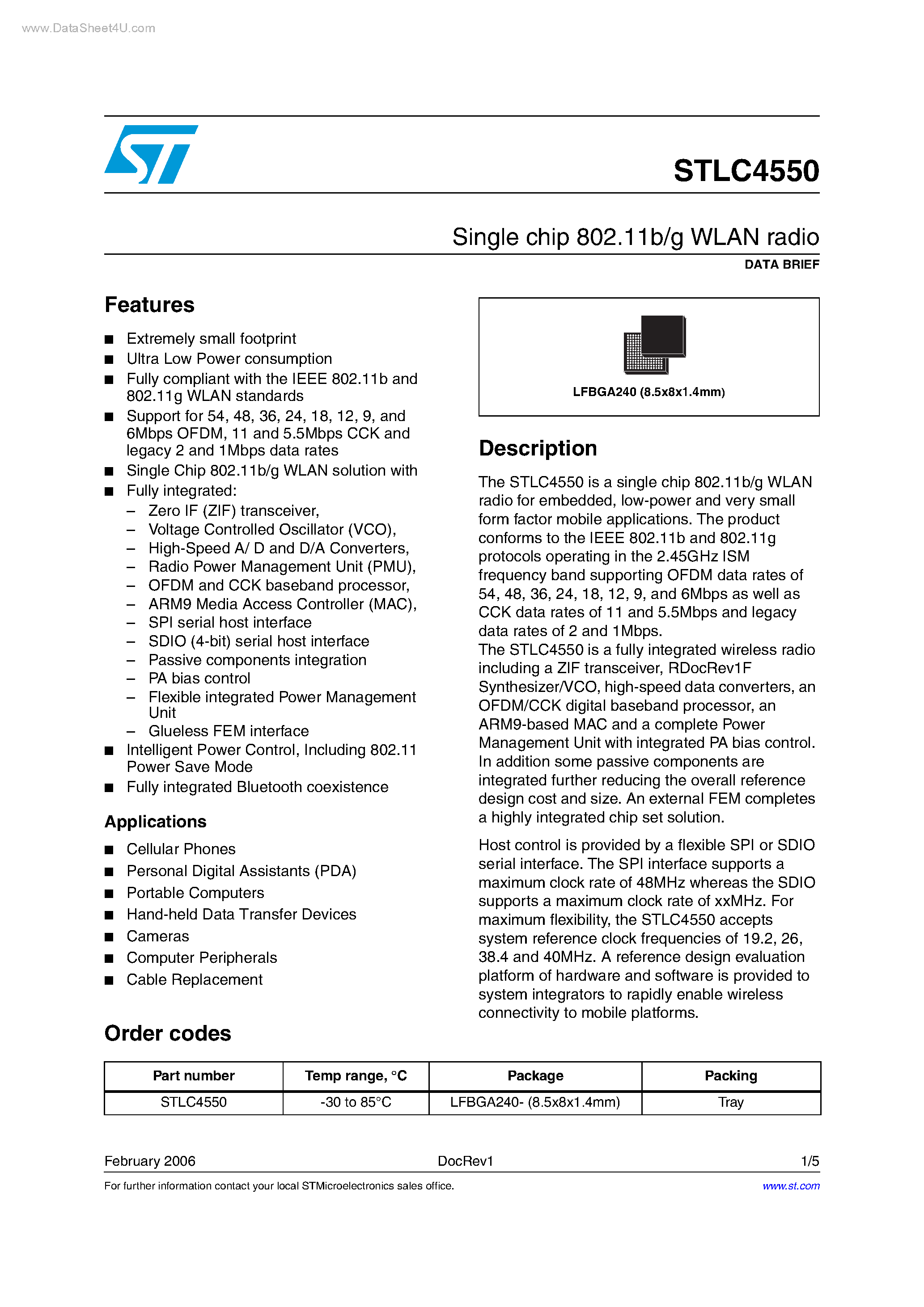 Даташит STLC4550 - Single chip 802.11b/g WLAN radio страница 1